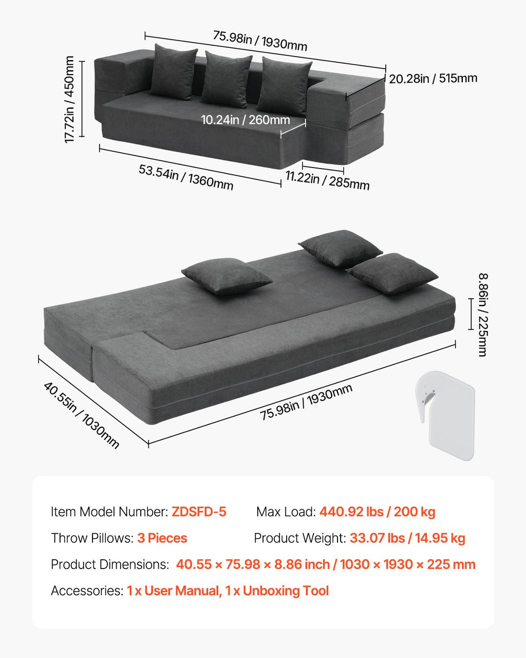 Sulankstoma sofa-lova VEVOR ZDSFD-5, 103 cm pločio