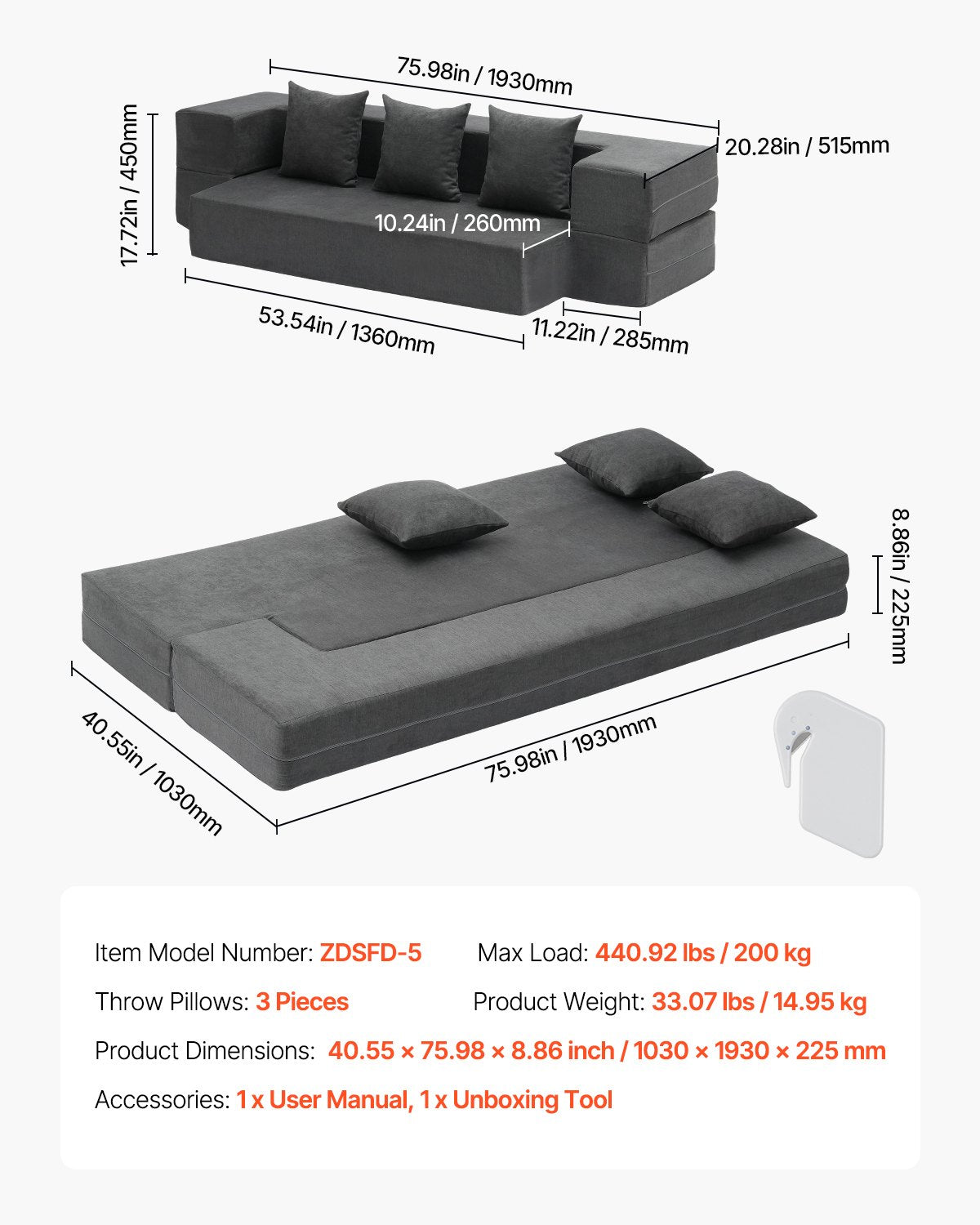 Sulankstoma sofa-lova VEVOR ZDSFD-5, 103 cm pločio