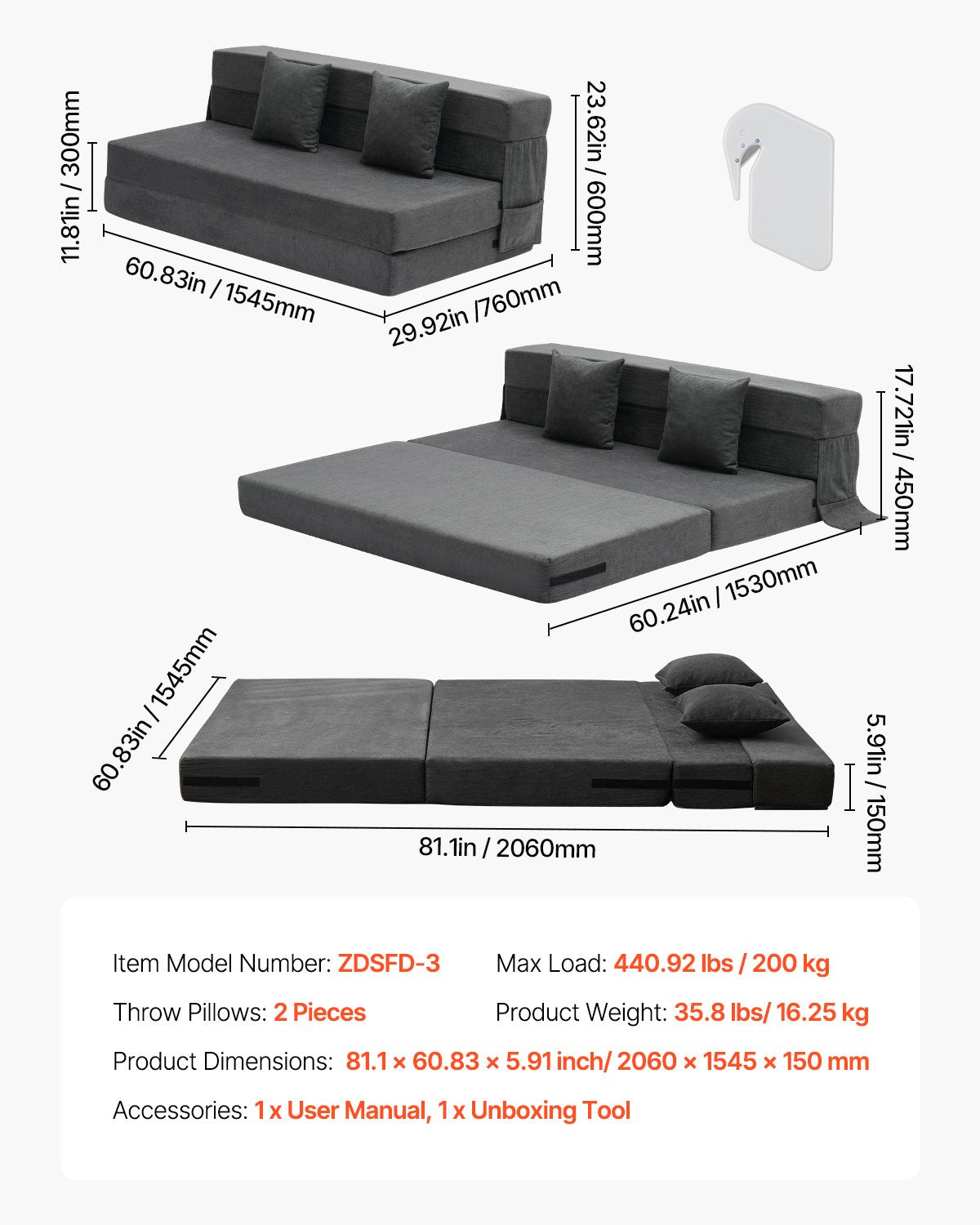Sulankstoma sofa-lova VEVOR ZDSFD-3, Queen dydžio