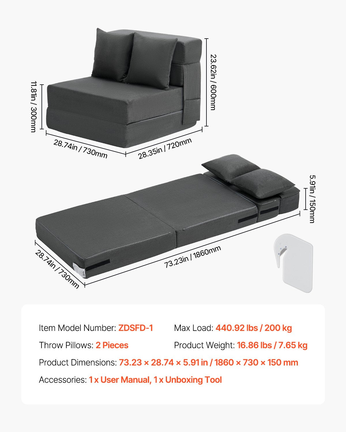 Sulankstoma sofa-lova VEVOR ZDSFD-1, 3-in-1 dizainas