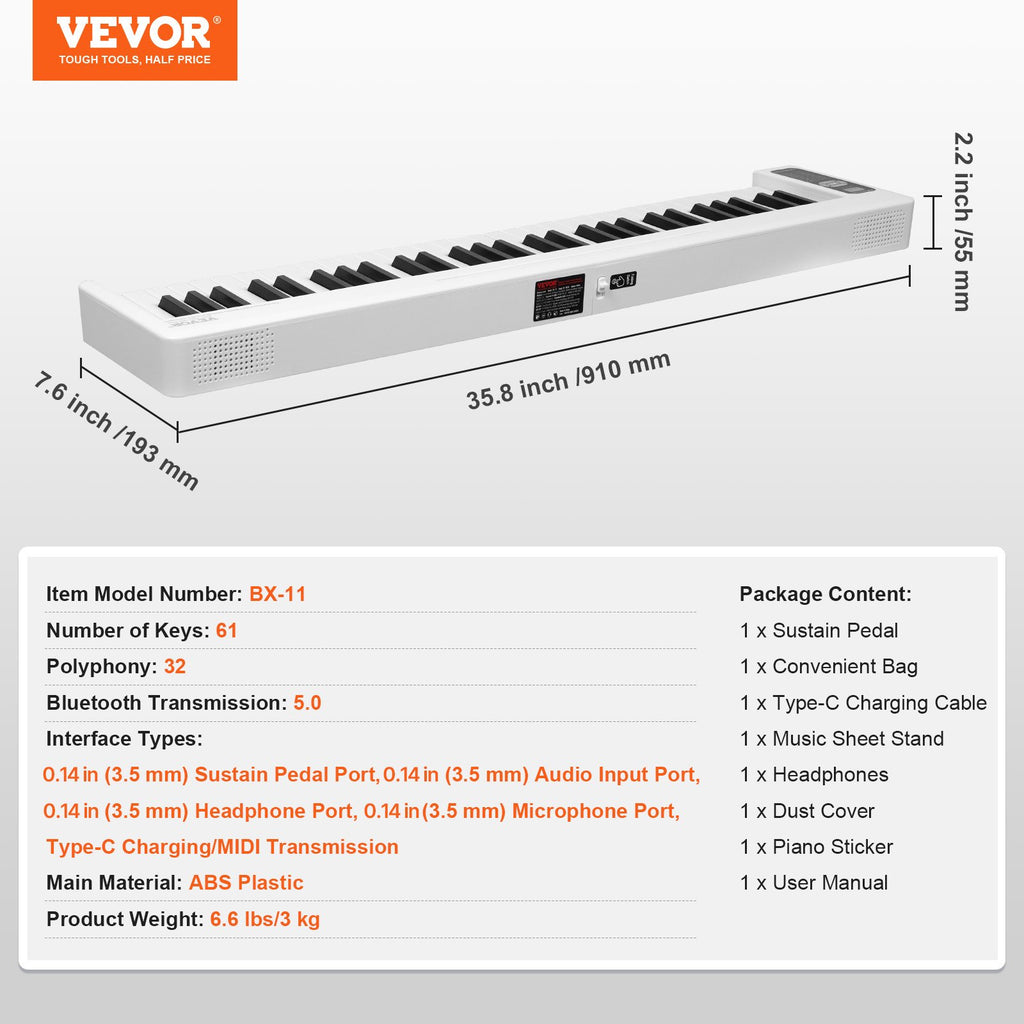 Sulankstomas skaitmeninis pianinas VEVOR BX-11, 61 klavišas