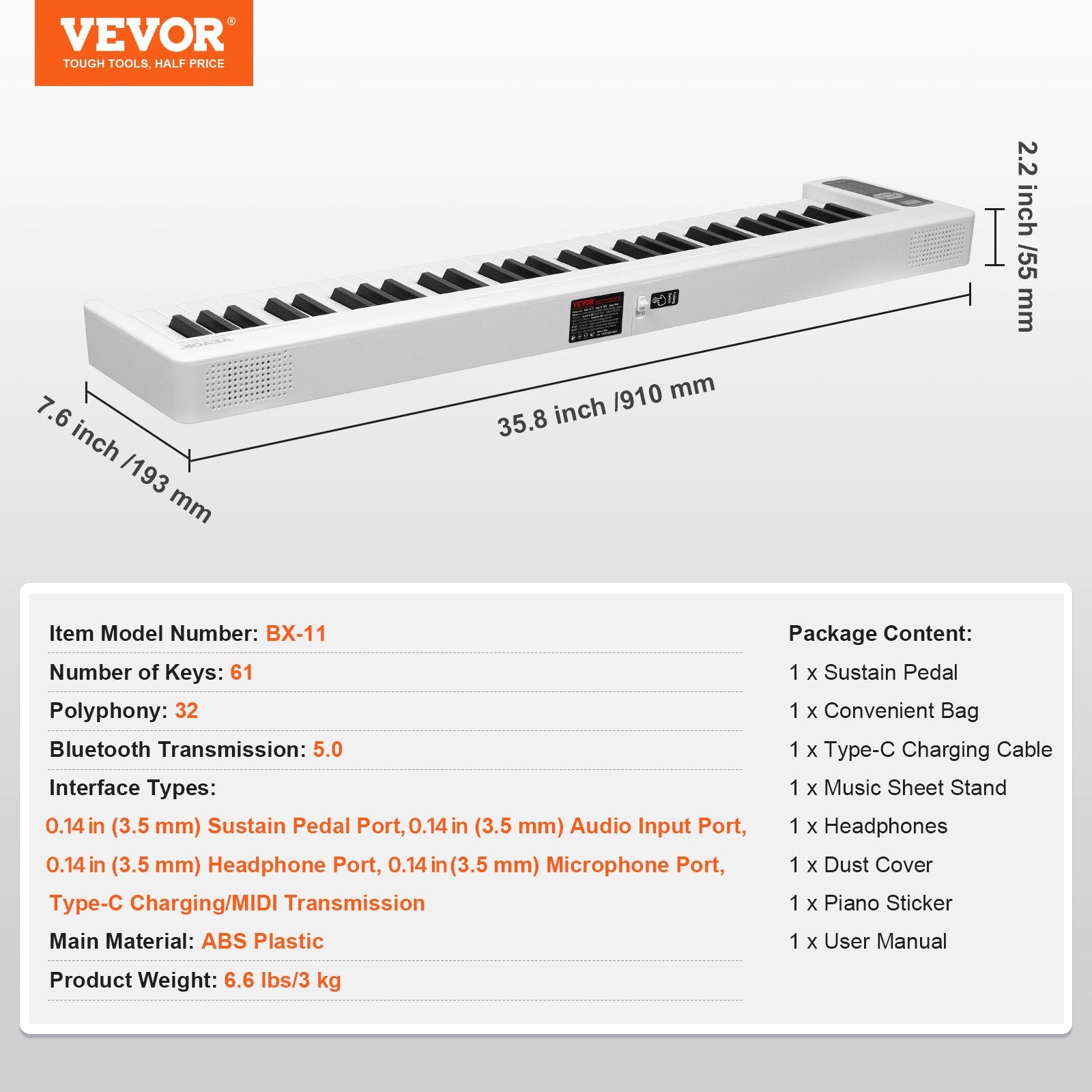 Sulankstomas skaitmeninis pianinas VEVOR BX-11, 61 klavišas