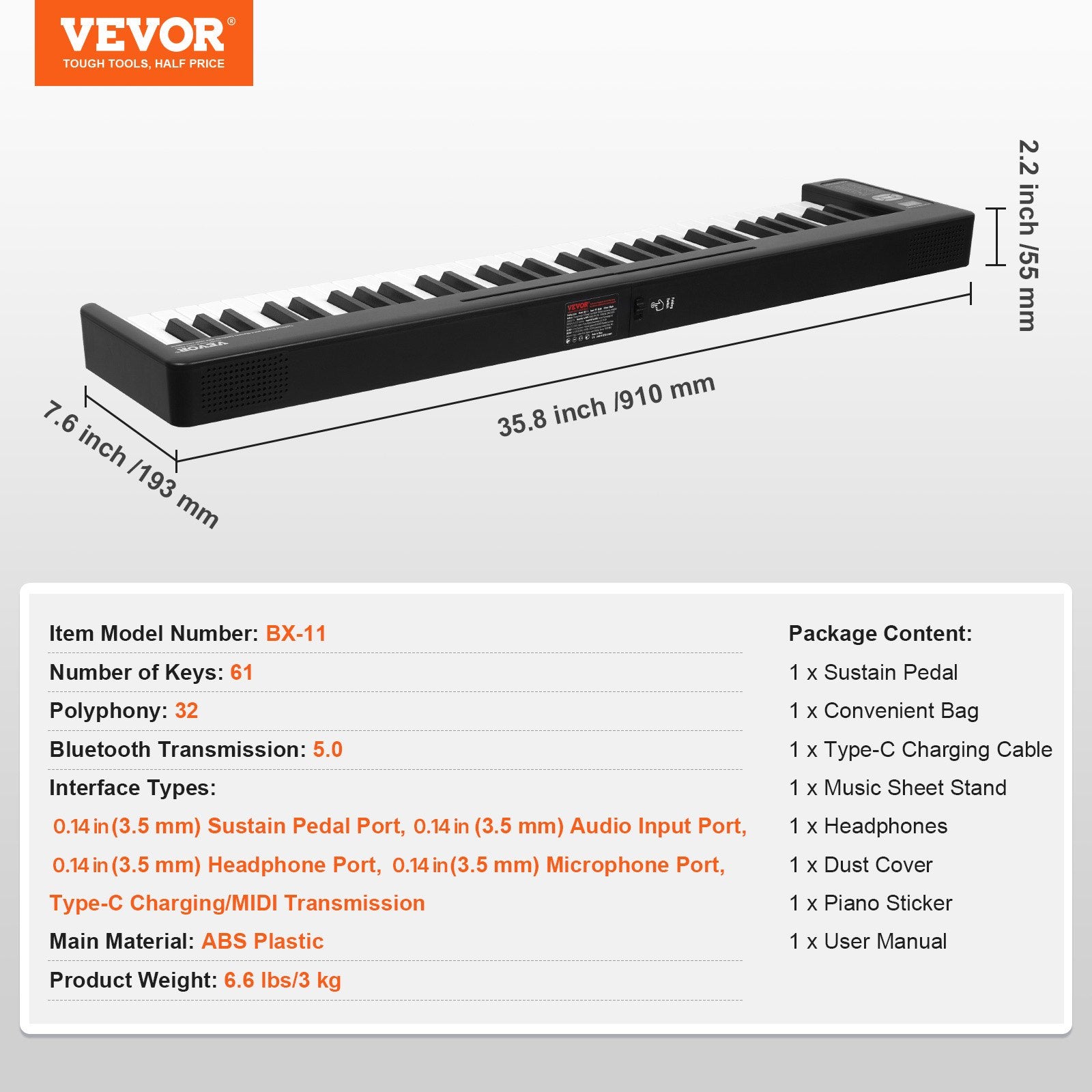 Sulankstomas skaitmeninis pianinas VEVOR BX-11, 61 klavišas