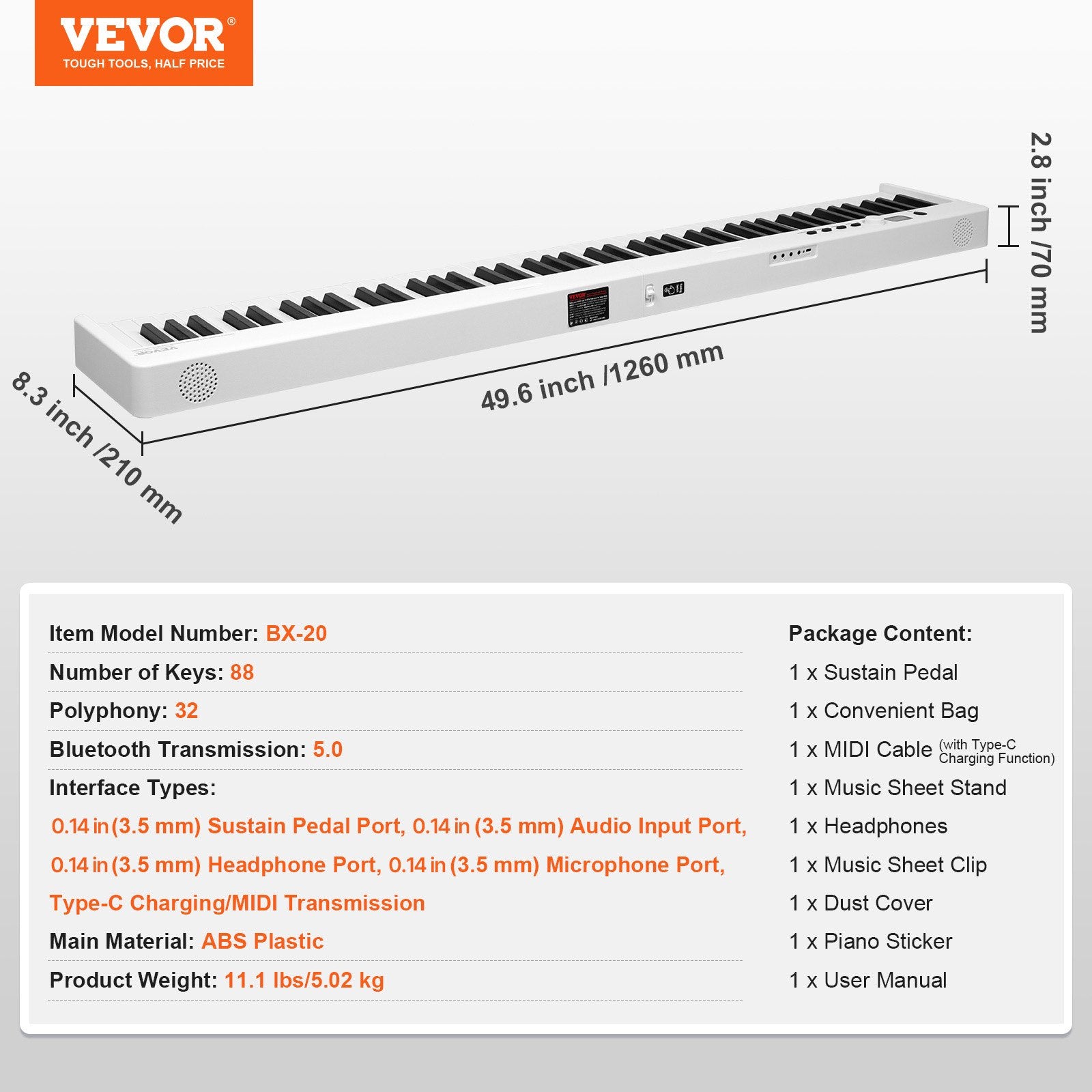 Sulankstomas skaitmeninis pianinas VEVOR BX-20, 88 klavišai