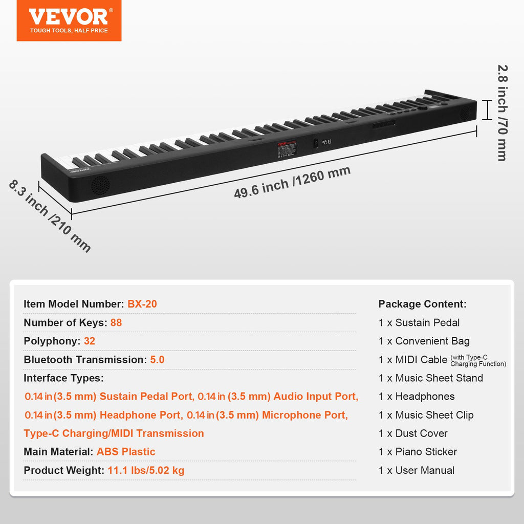 Sulankstomas skaitmeninis pianinas VEVOR BX-20, 88 klavišai