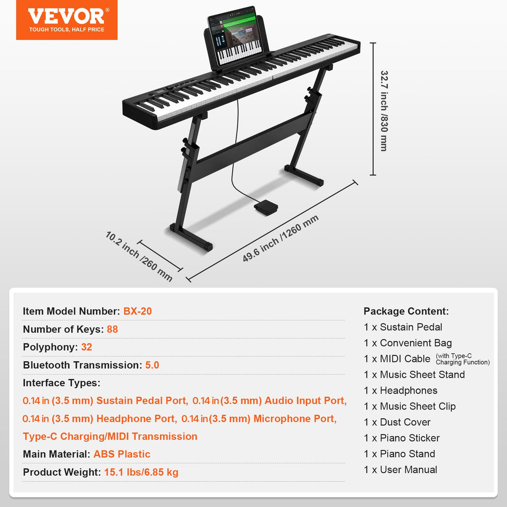 Sulankstomas skaitmeninis pianinas VEVOR BX-20, 88 klavišai