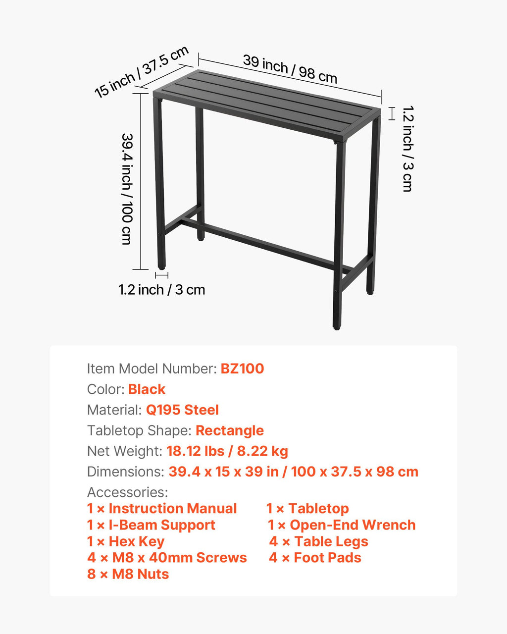 Lauko baro stalas VEVOR BZ100, 100 x 37,5 cm