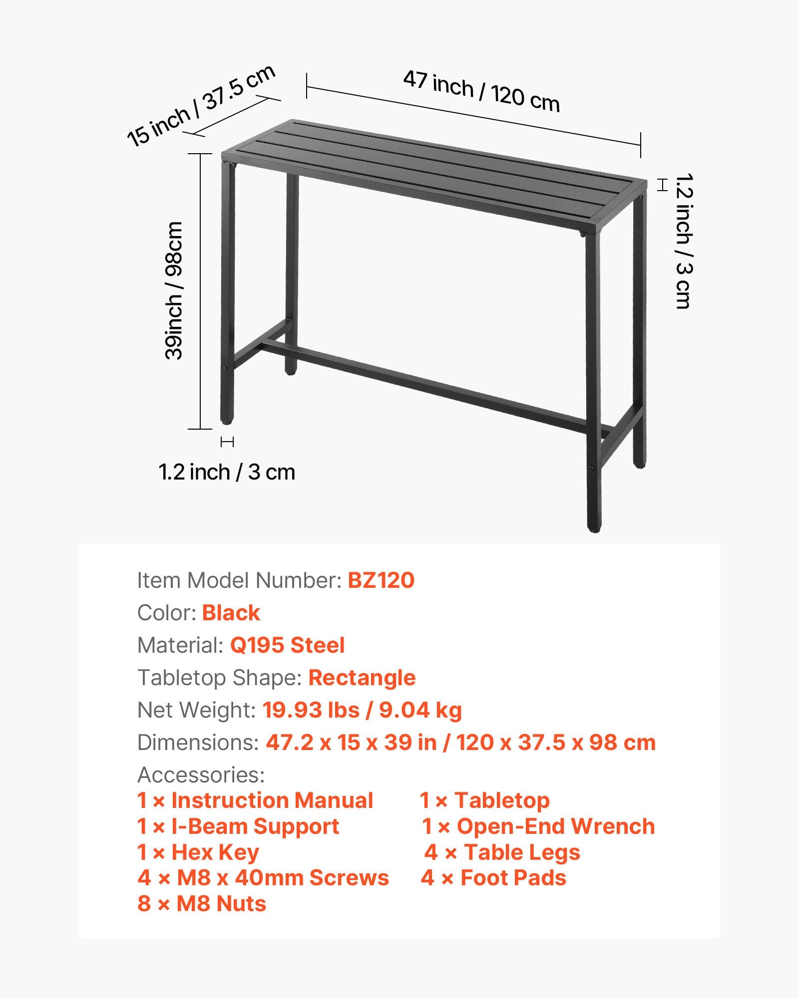 Lauko baro stalas VEVOR BZ120, 120 x 37,5 cm