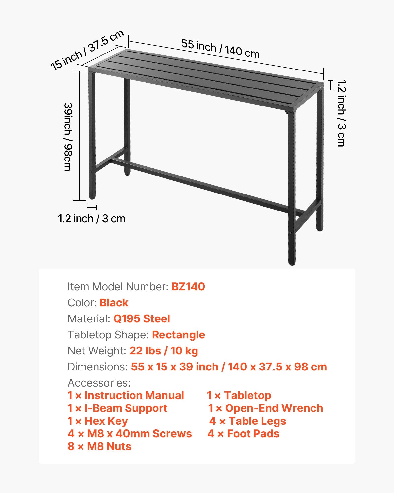 Lauko baro stalas VEVOR BZ140, 140 x 37,5 cm