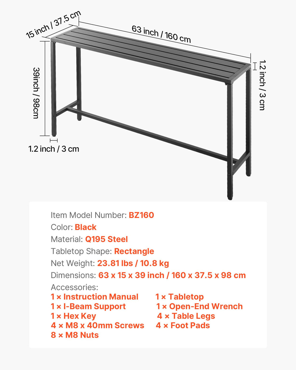 Lauko baro stalas VEVOR BZ160, 160 x 37,5 cm