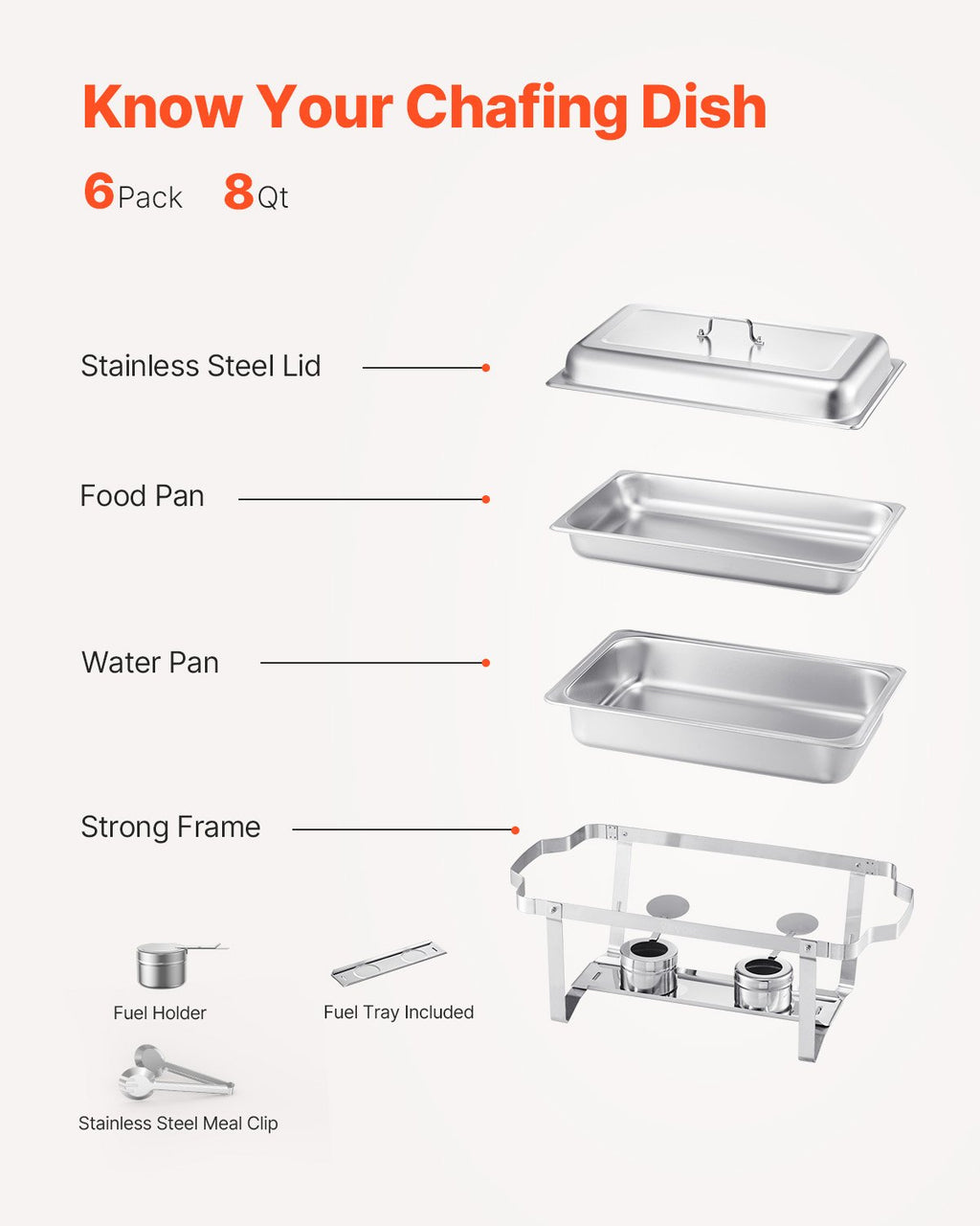 Maisto šildytuvas (Chafing Dish) VEVOR HZ-433, 6 vnt. rinkinys, 7,5 l talpa