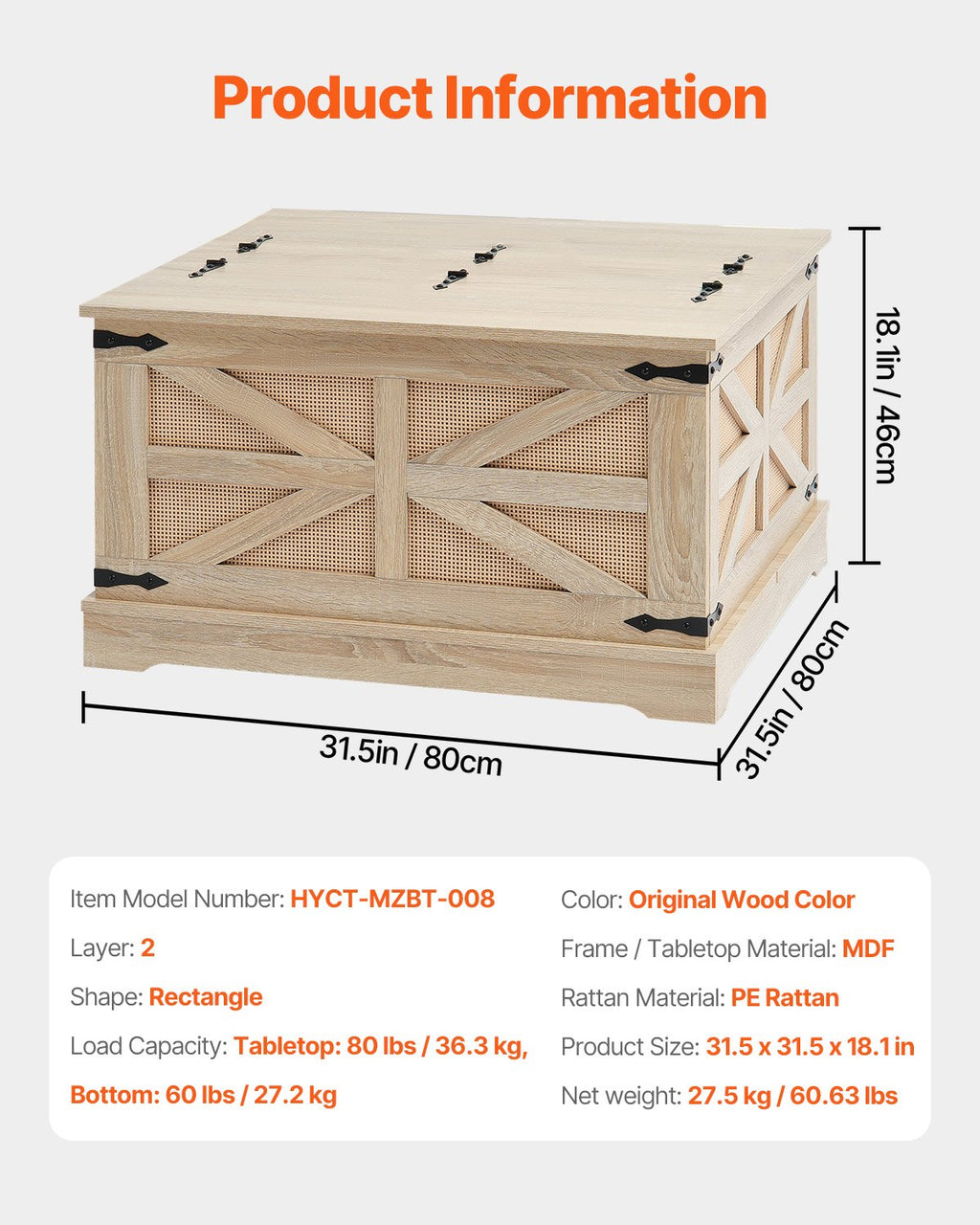 Pintas kavos staliukas VEVOR HYCT-MZBT-008, 80 cm ilgio