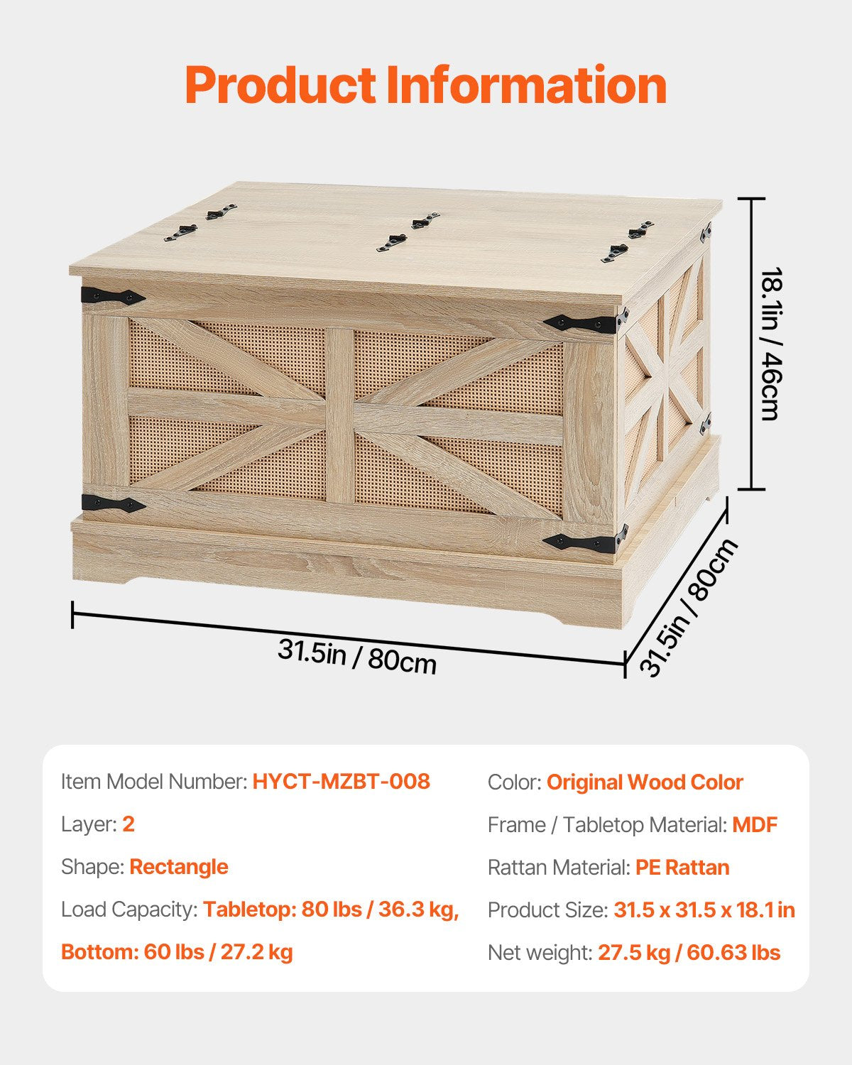 Pintas kavos staliukas VEVOR HYCT-MZBT-008, 80 cm ilgio