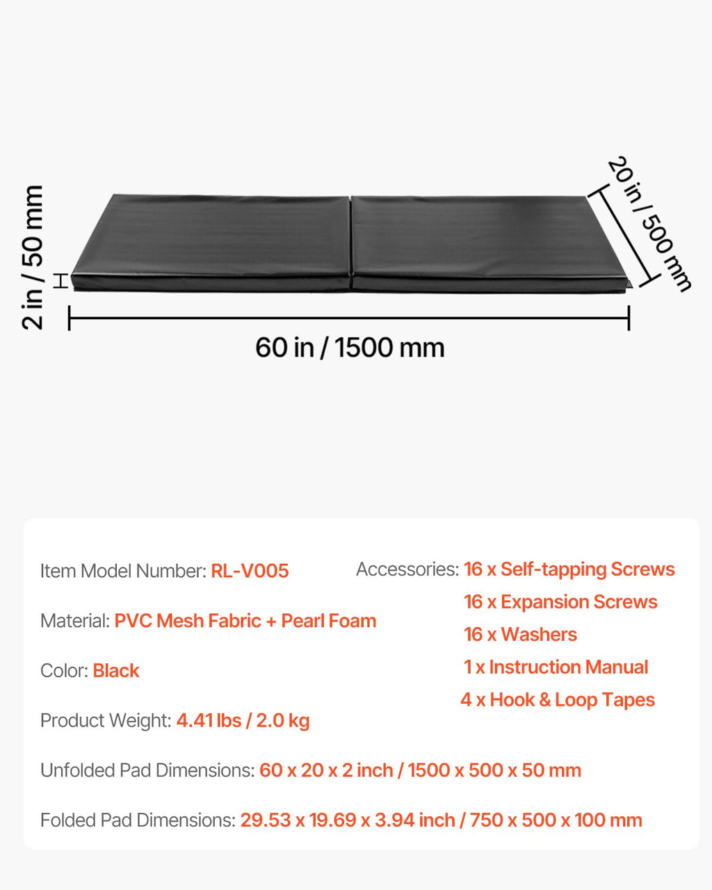 Sienos apsauga sporto salėms VEVOR RL-V005, 150 x 50 x 5 cm
