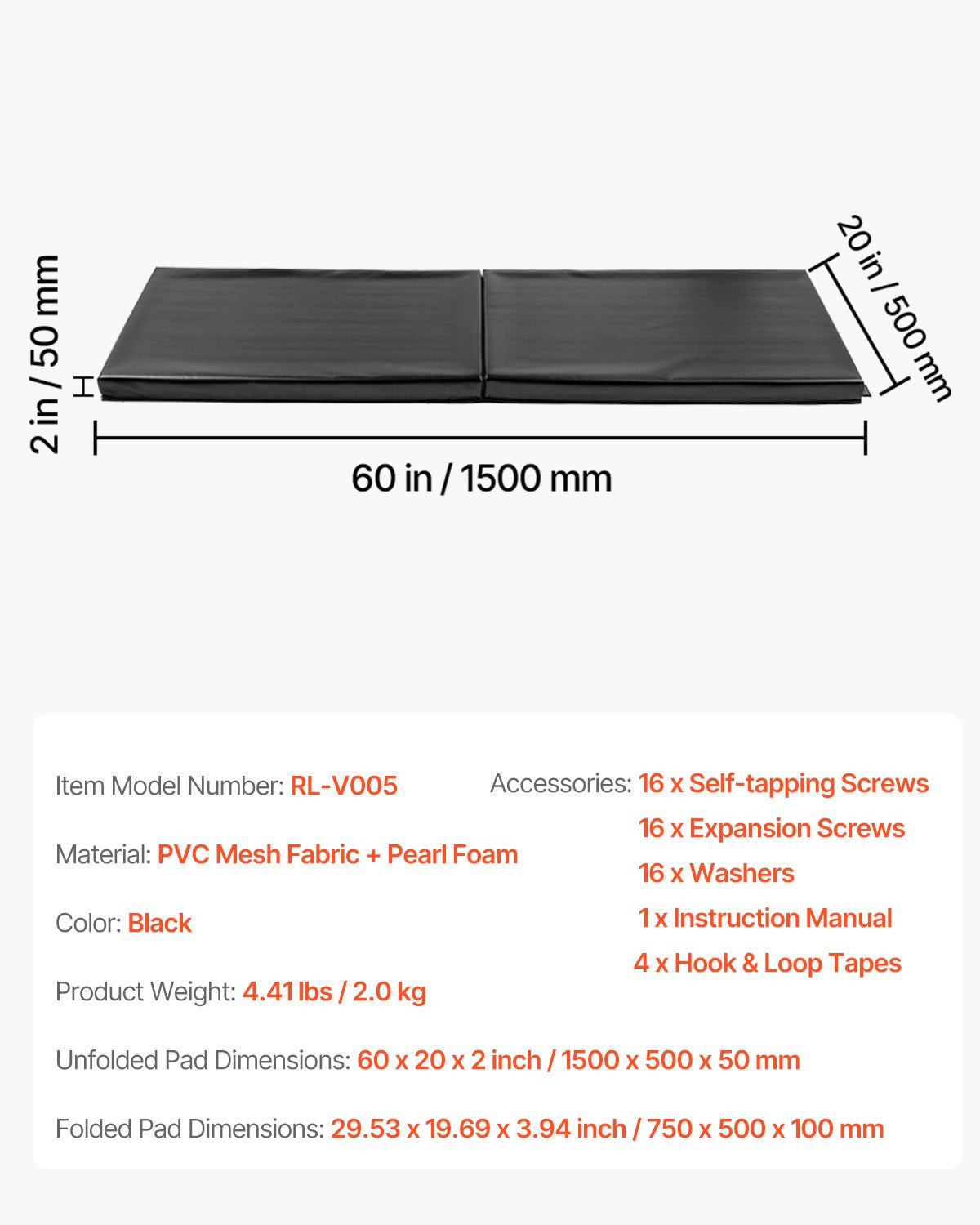 Sienos apsauga sporto salėms VEVOR RL-V005, 150 x 50 x 5 cm
