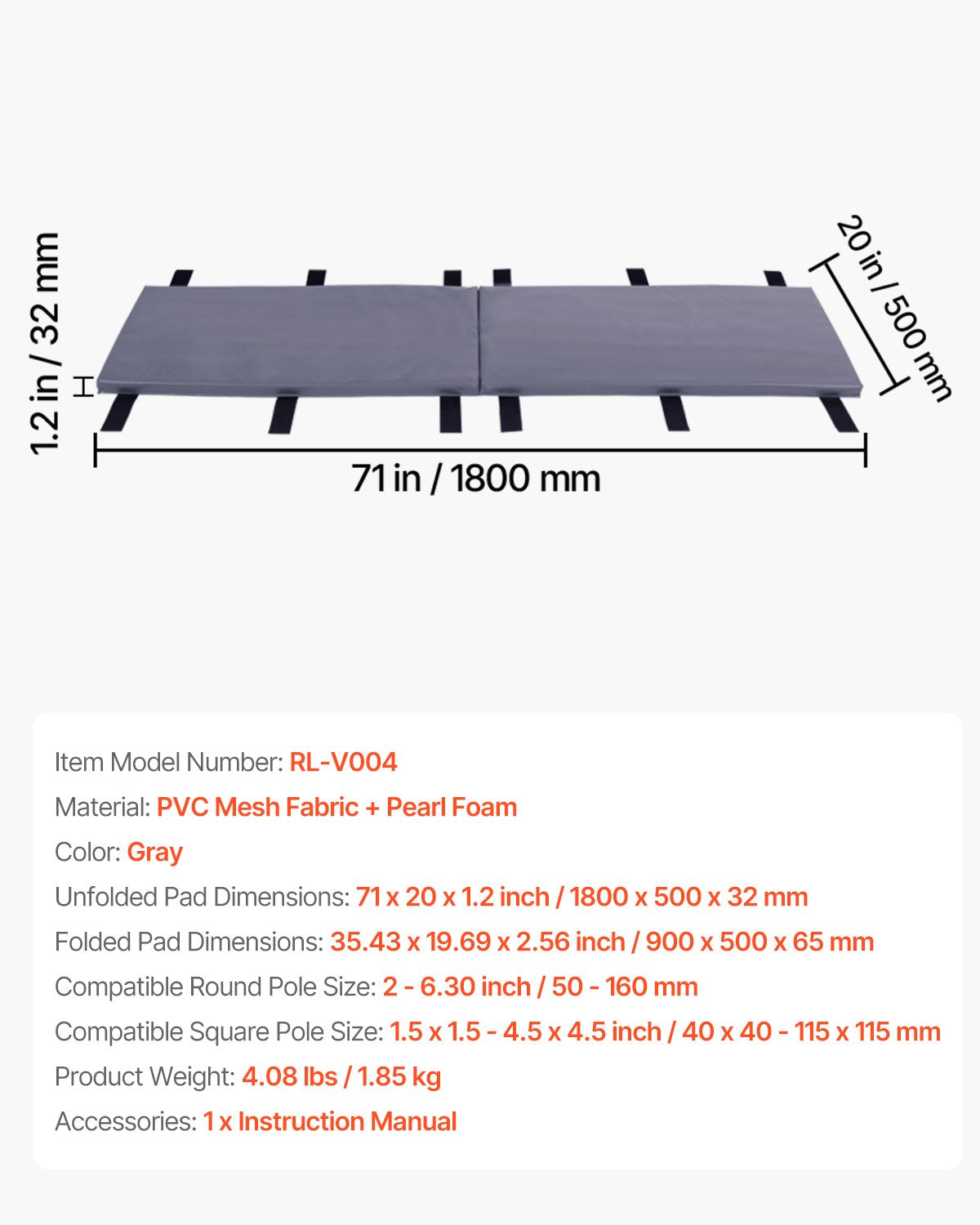 Krepšinio stovo apsauga VEVOR RL-V004, 180 cm aukščio