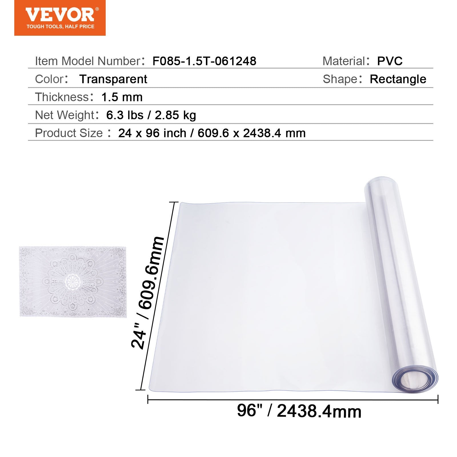 Plastikinė stalo apsauga VEVOR F085-1.5T-061248, 1,5 mm storio