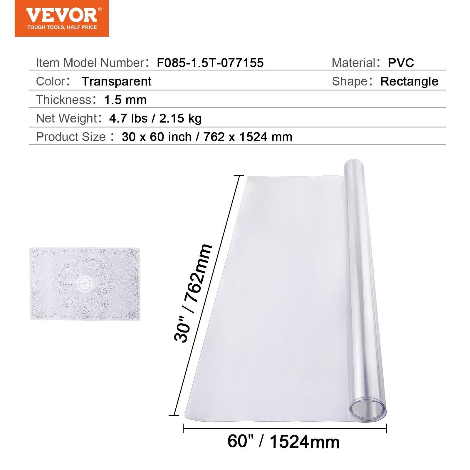 Skaidri stalo apsauga VEVOR F085-1.5T-077155, 1,5 mm storio