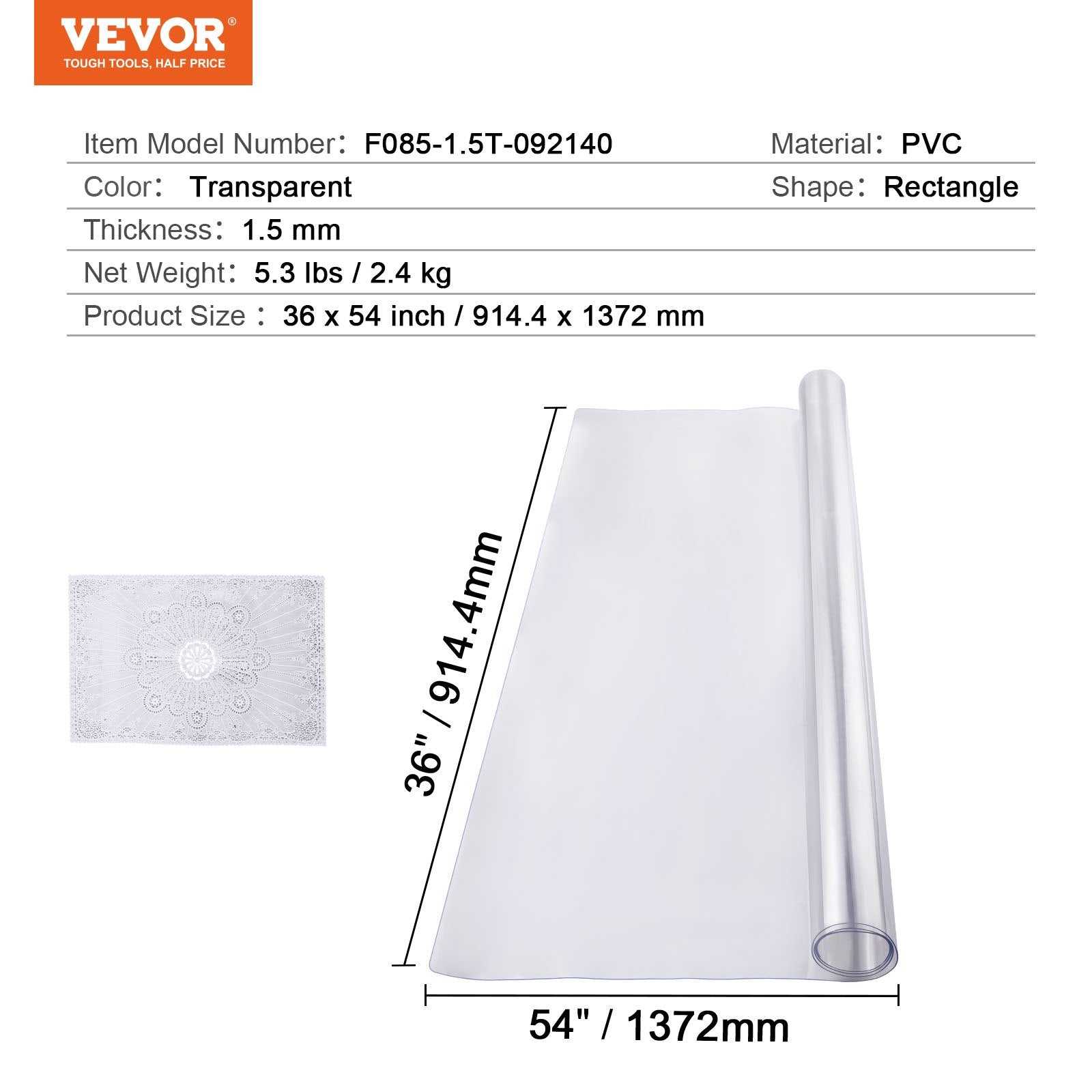Plastikinė stalo apsauga VEVOR F085-1.5T-092140, 91,4 x 137,2 cm, 1,5 mm storio