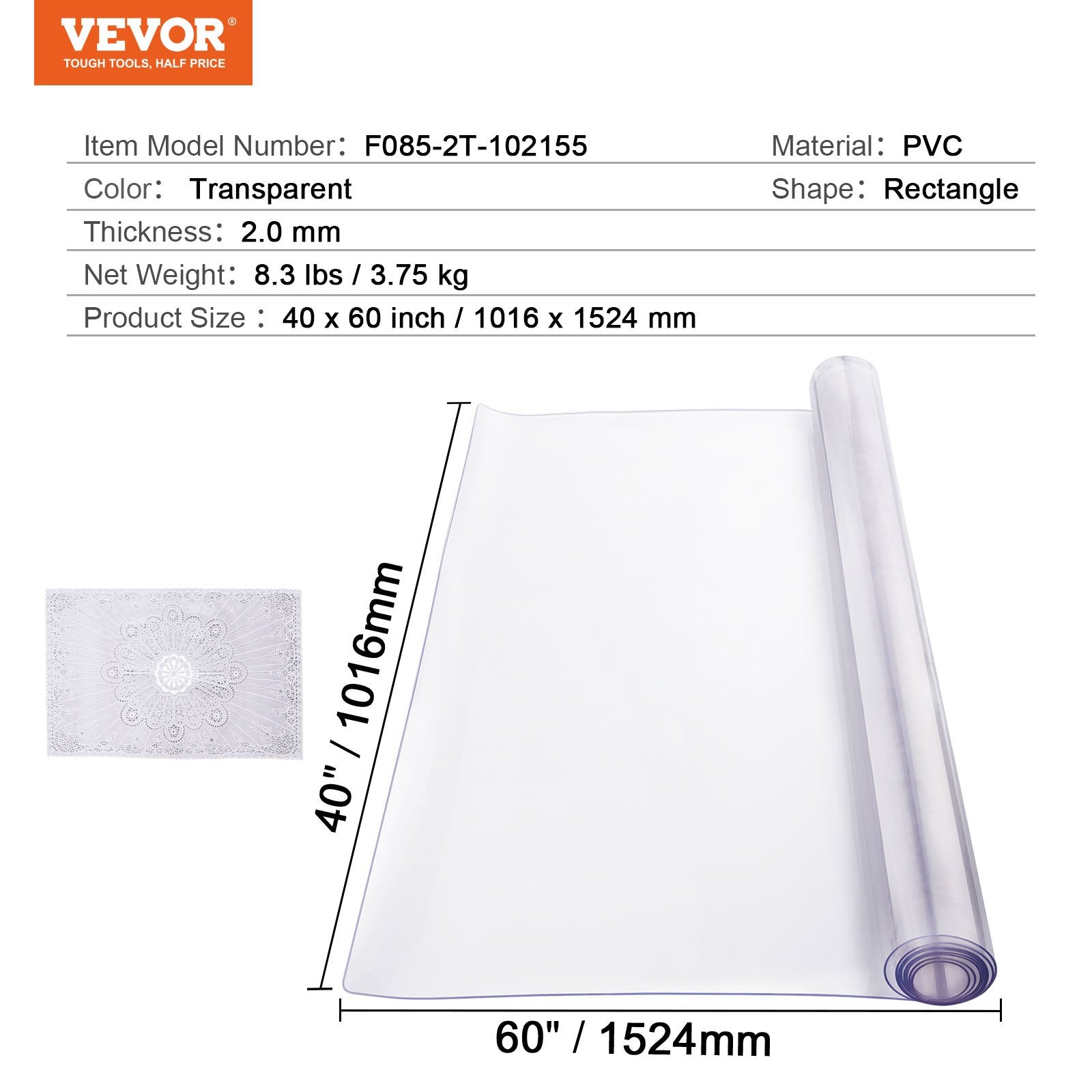 Plastikinė stalo apsauga VEVOR F085-2T-102155, 2,0 mm storio