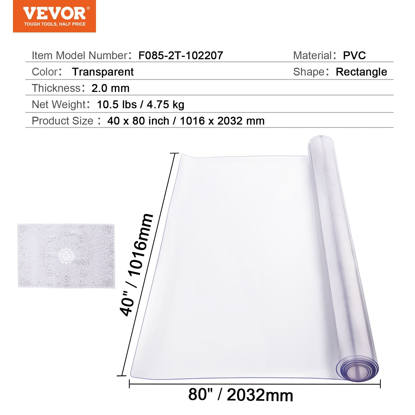 Plastikinė stalo apsauga VEVOR F085-2T-102207, 2.0 mm storio