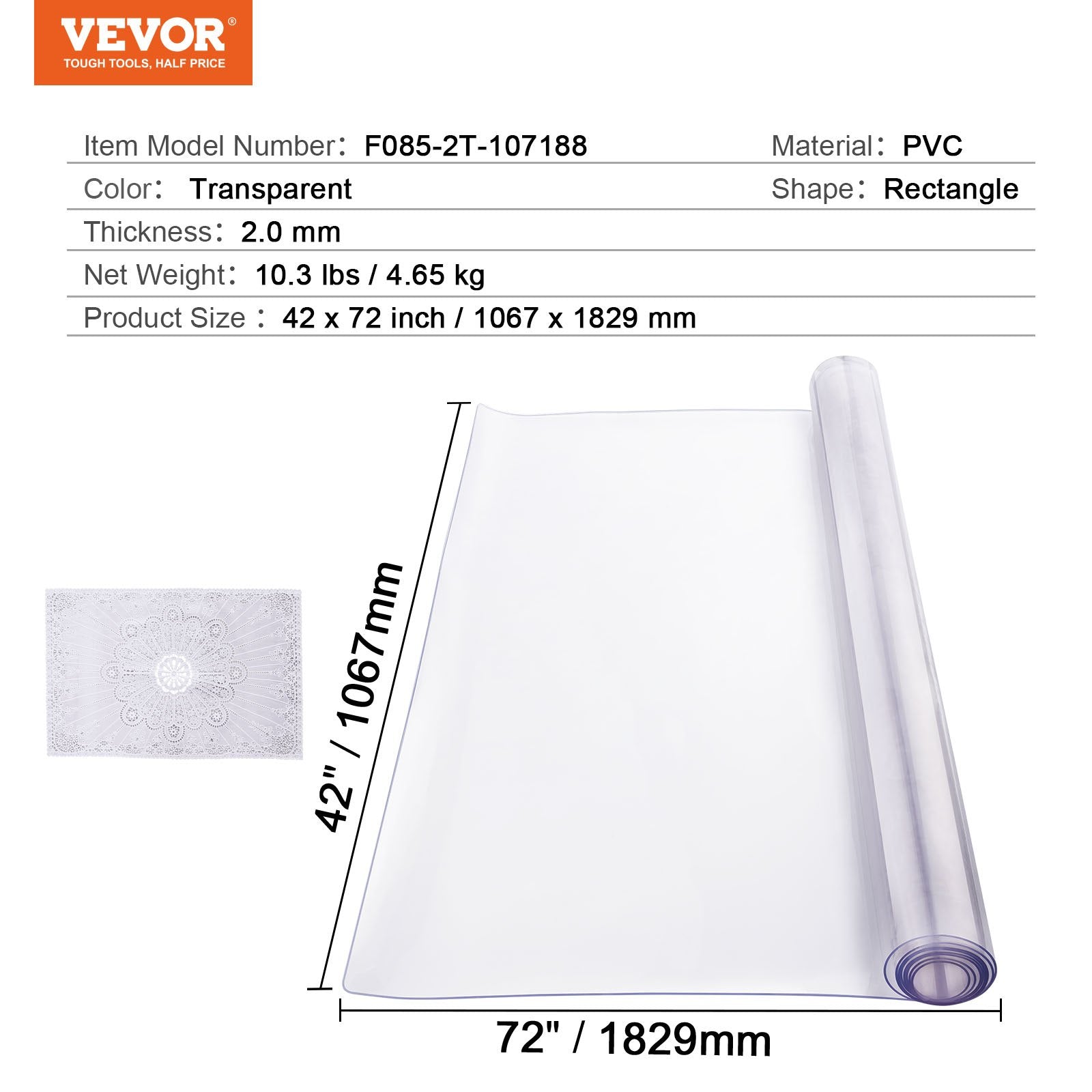 Skaidri stalo apsauga VEVOR F085-2T-107188, 107x183 cm