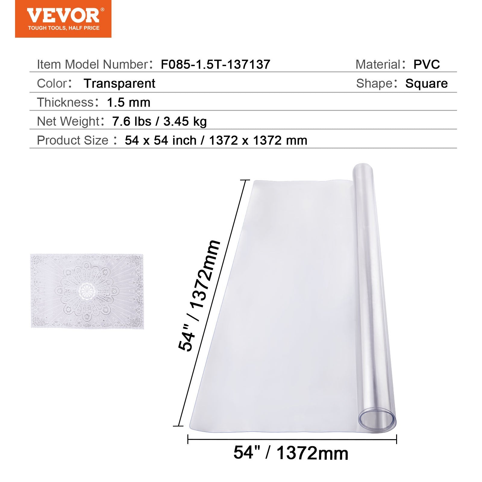 Plastikinė stalo apsauga VEVOR F085-1.5T-137137, 137x137 cm