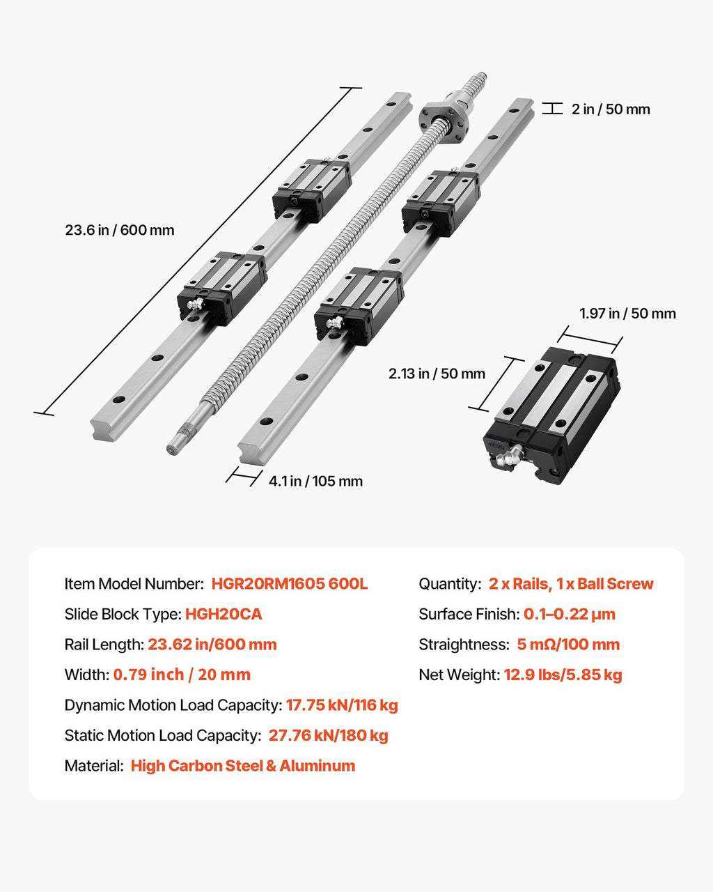 Linijinių kreipiančiųjų rinkinys VEVOR HGR20, 600 mm