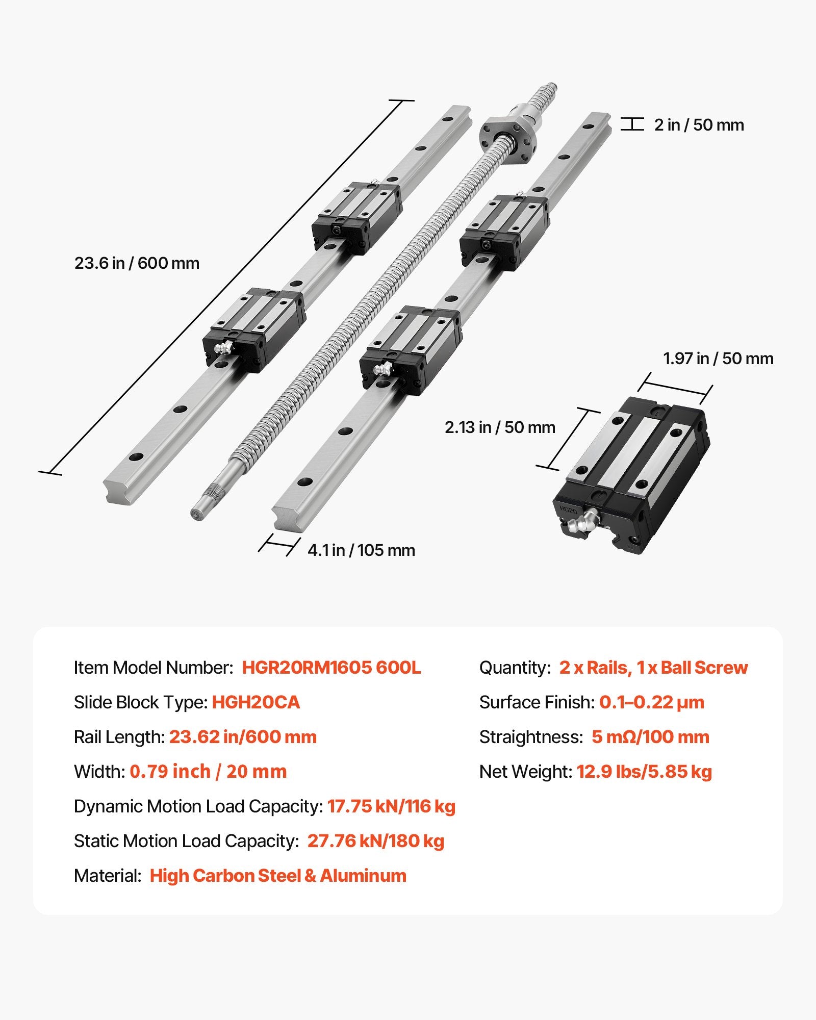 Linijinių kreipiančiųjų rinkinys VEVOR HGR20, 600 mm