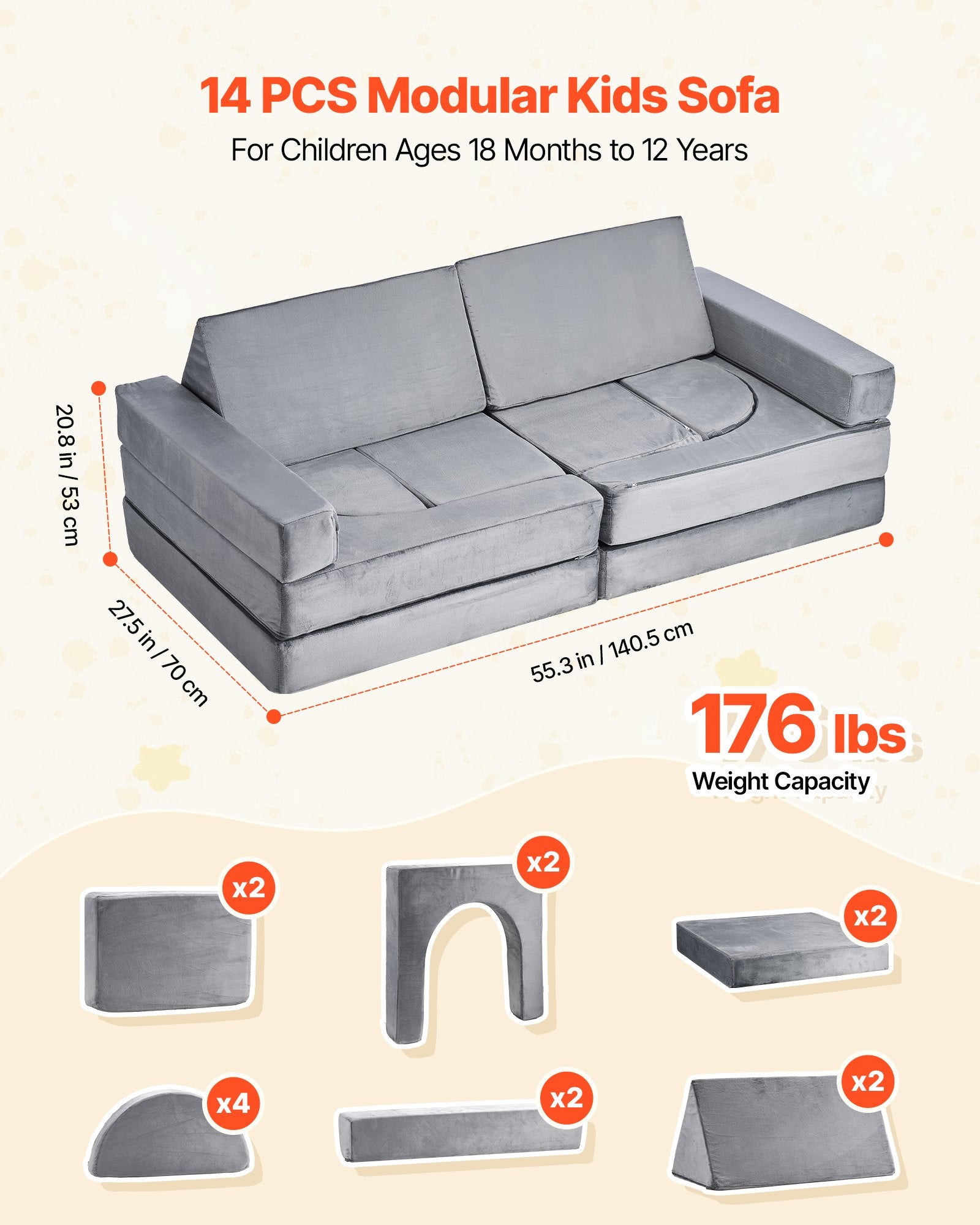 Modulinė vaikiška žaidimų sofa VEVOR SF-1790, 14 dalių rinkinys