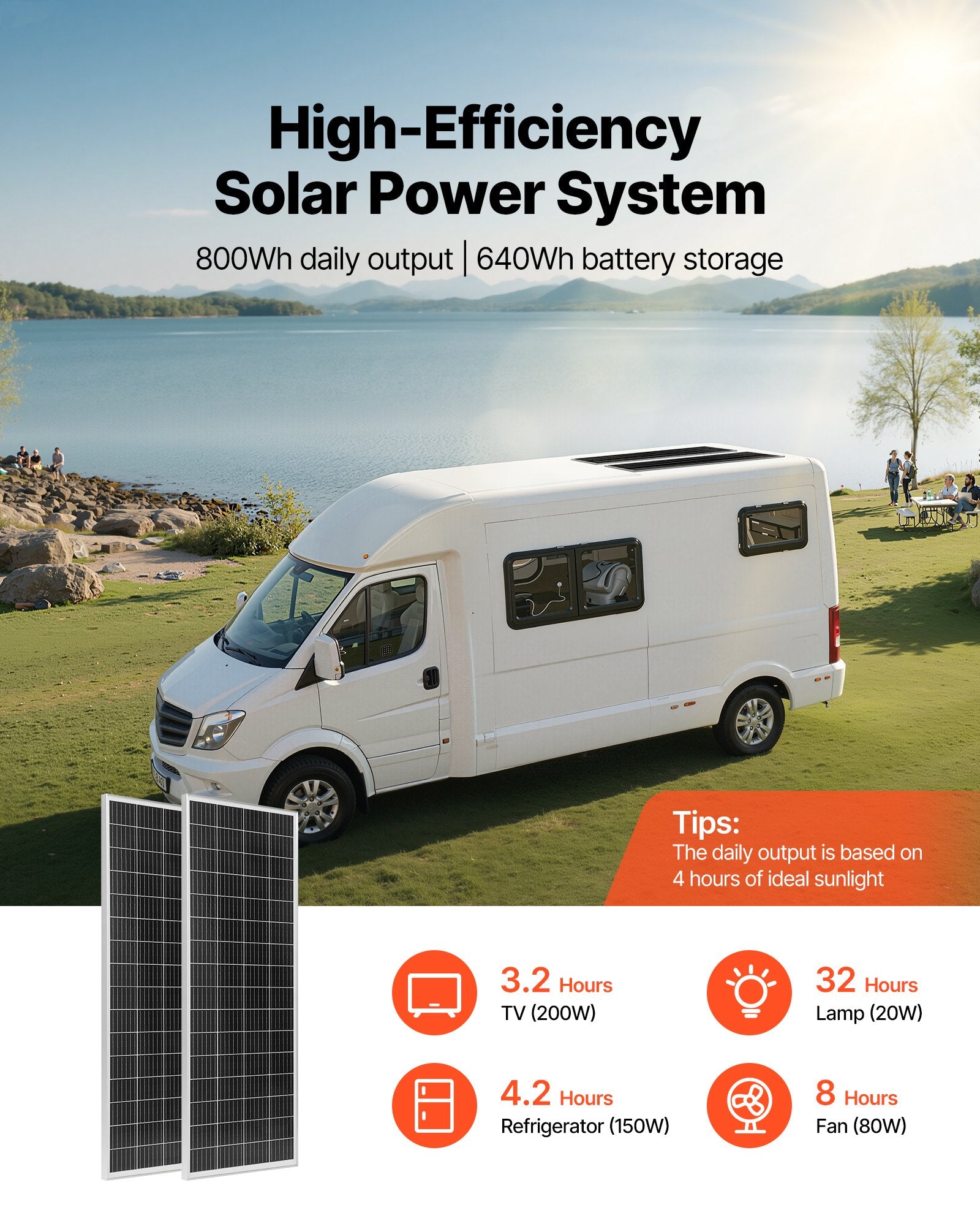 Saulės elektrinės komplektas VEVOR 200W, 12V su 50Ah akumuliatoriumi ir 800W inverteriu