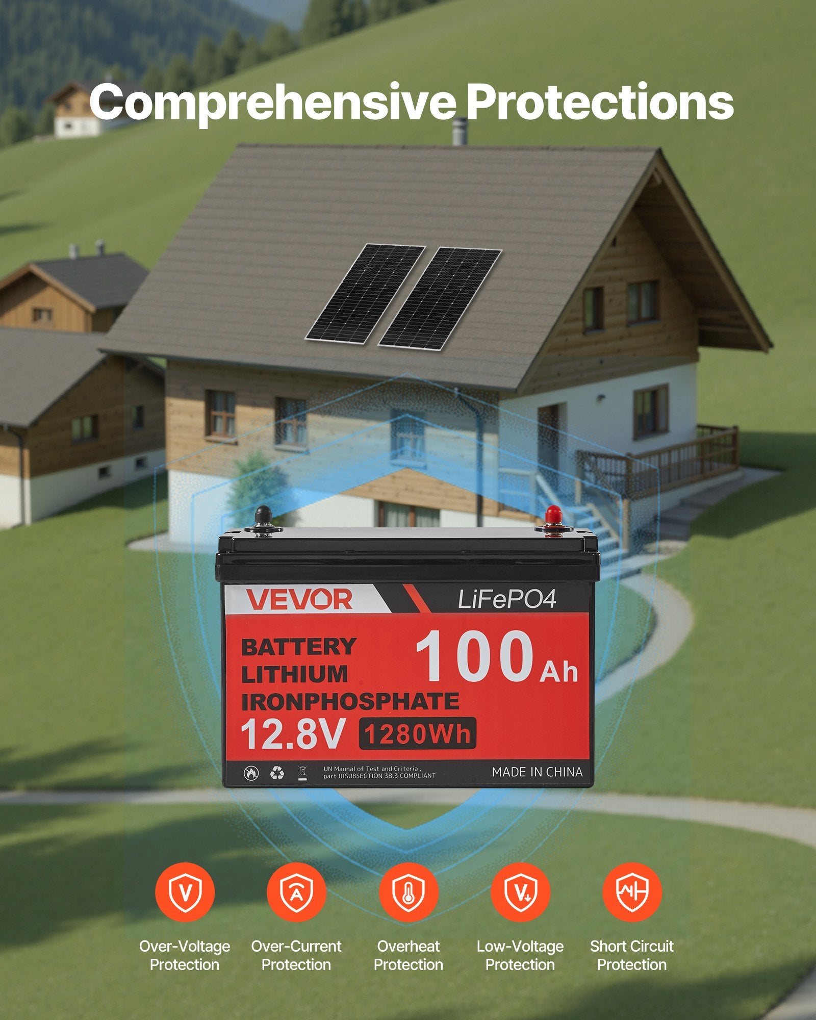 Saulės elektrinės komplektas VEVOR 400W 12V, su 100Ah LiFePO₄ akumuliatoriumi ir 1000W inverteriu