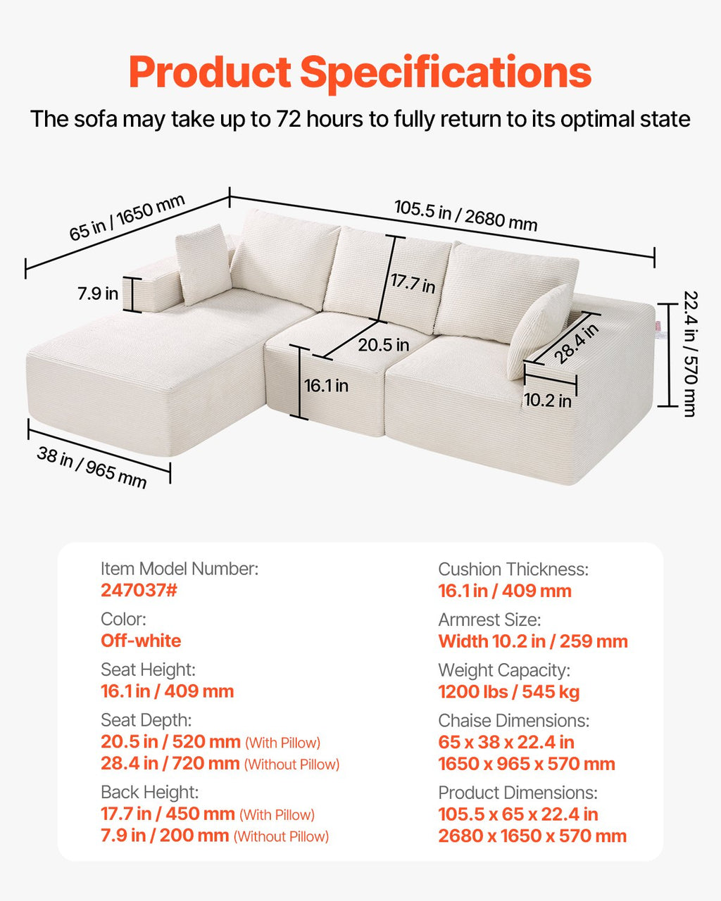 Modulinė kampinė sofa VEVOR 247037#, L formos, smėlio spalvos