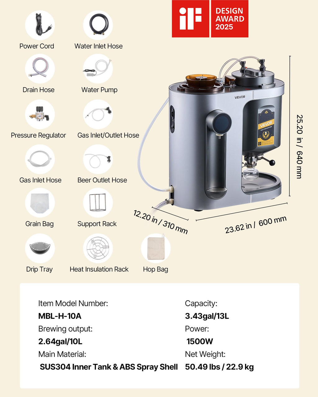 Automatinis alaus virimo aparatas VEVOR MBL-H-10A, 1500 W