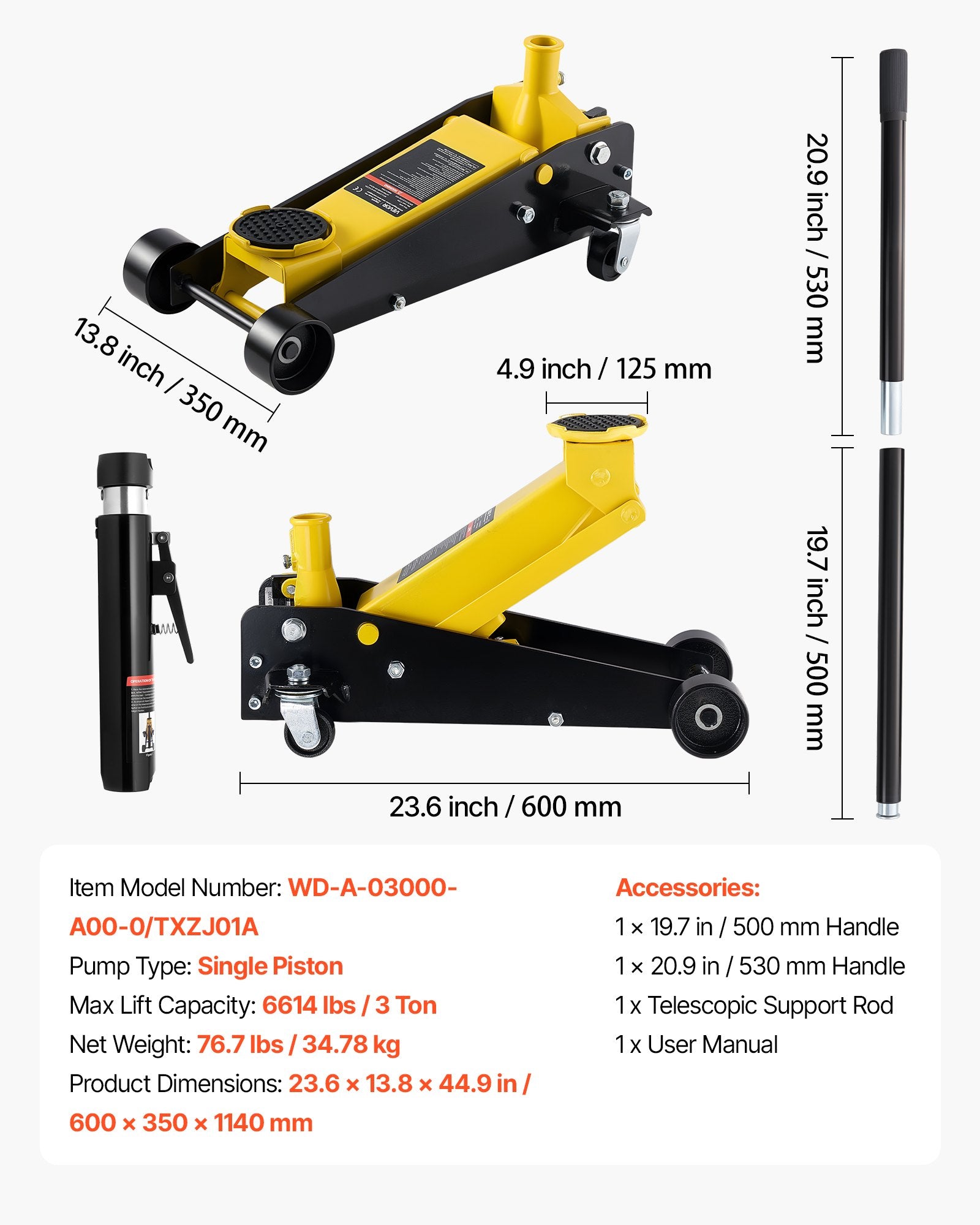 Žemo profilio hidraulinis keltuvas VEVOR WD-A-03000-A00-0, 3 t