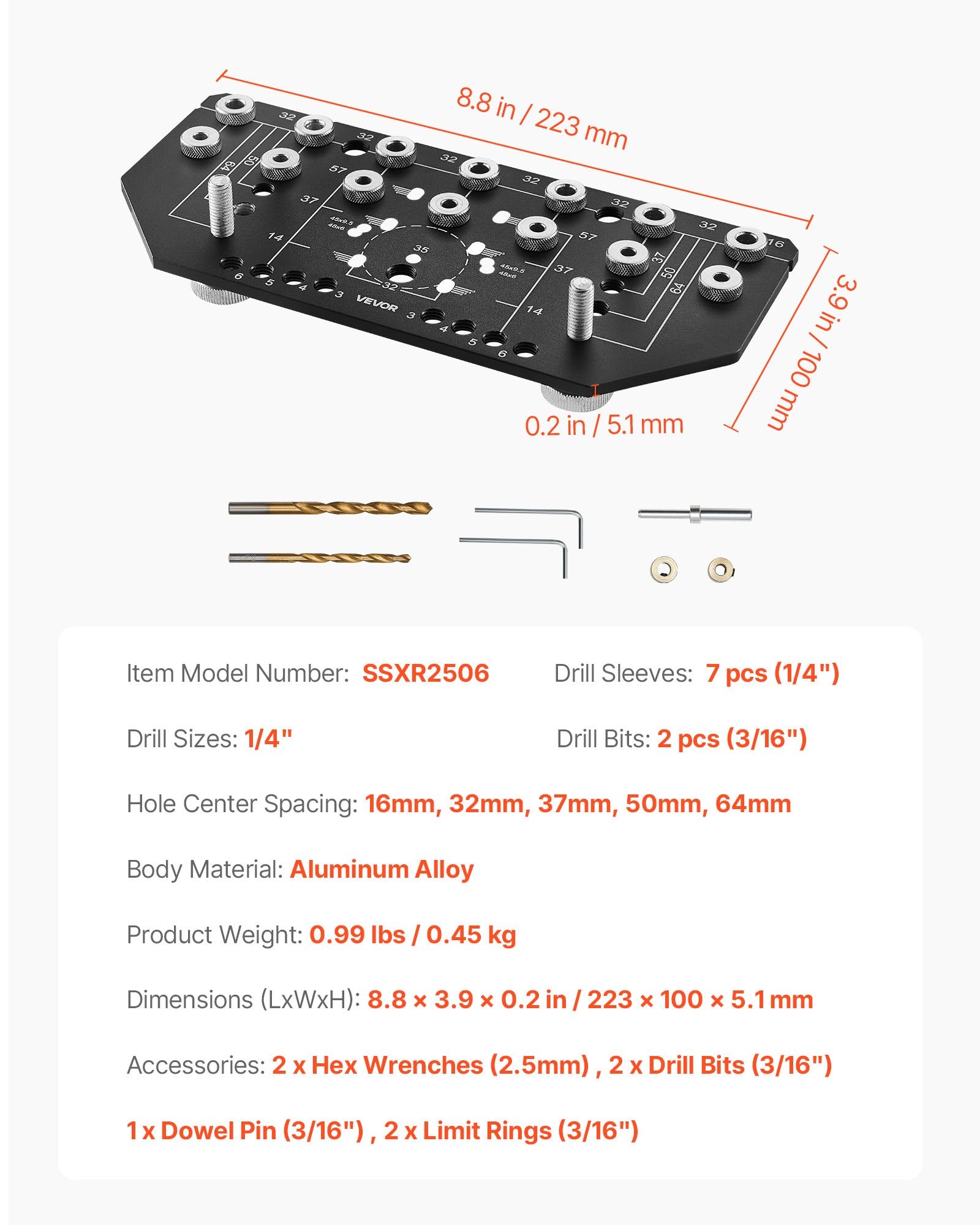 Lentynų kaiščių ir vyrių gręžimo šablonas VEVOR SSXR2506, 6,4 ir 4,8 mm grąžtai