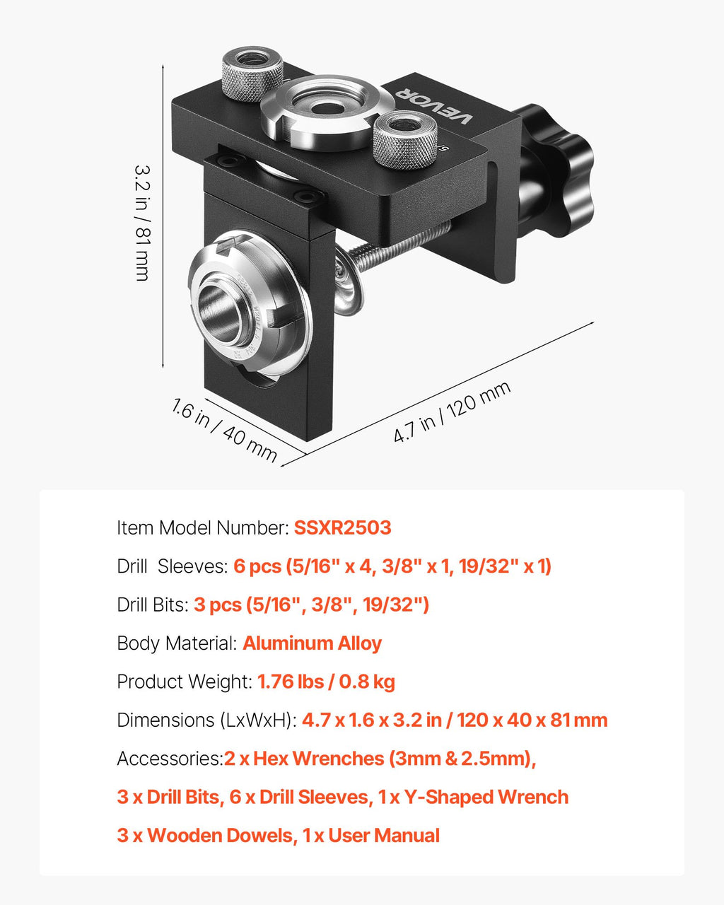Kaiščių gręžimo šablonas VEVOR SSXR2503, 6,4 / 7,9 / 15 mm grąžtai