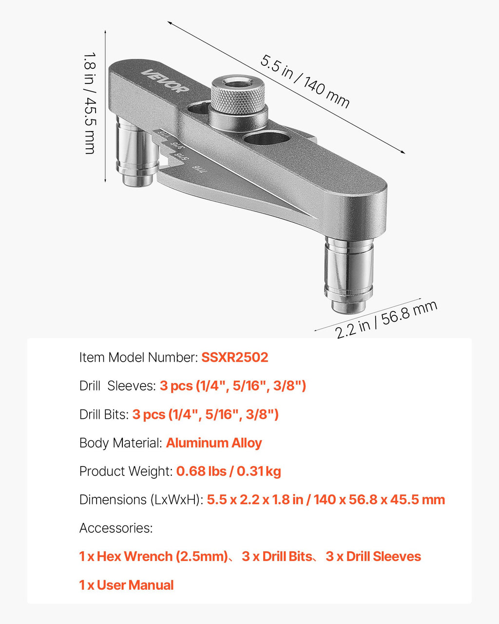 Saviscentruojantis skylių gręžimo šablonas VEVOR SSXR2502, 6,4–9,5 mm