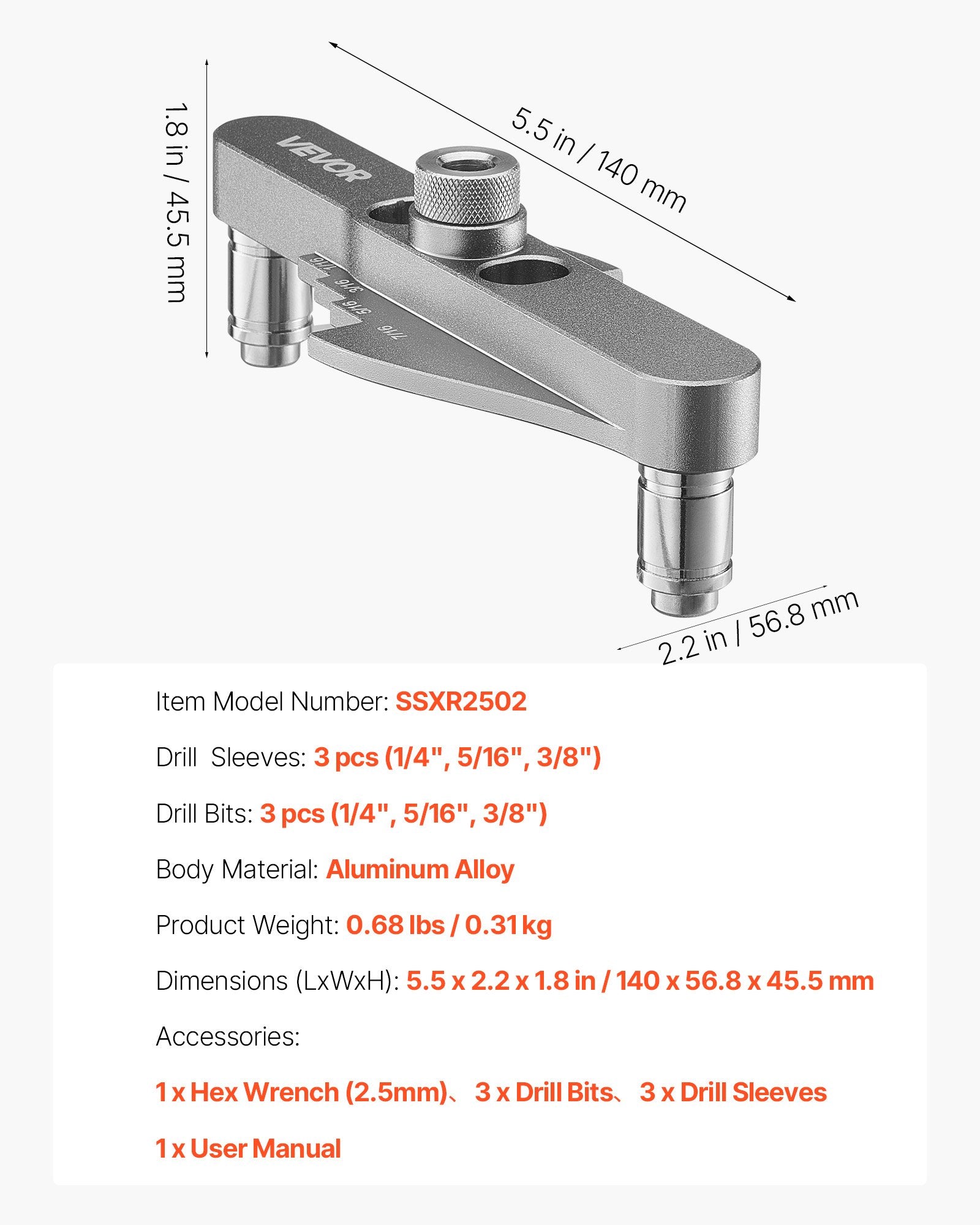 Saviscentruojantis skylių gręžimo šablonas VEVOR SSXR2502, 6,4–9,5 mm
