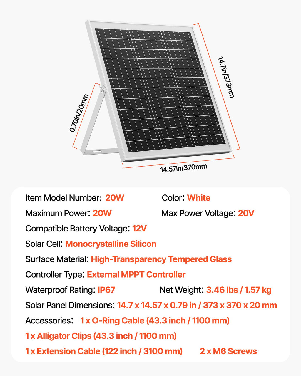 Saulės baterijų įkroviklis VEVOR 20W, 12V