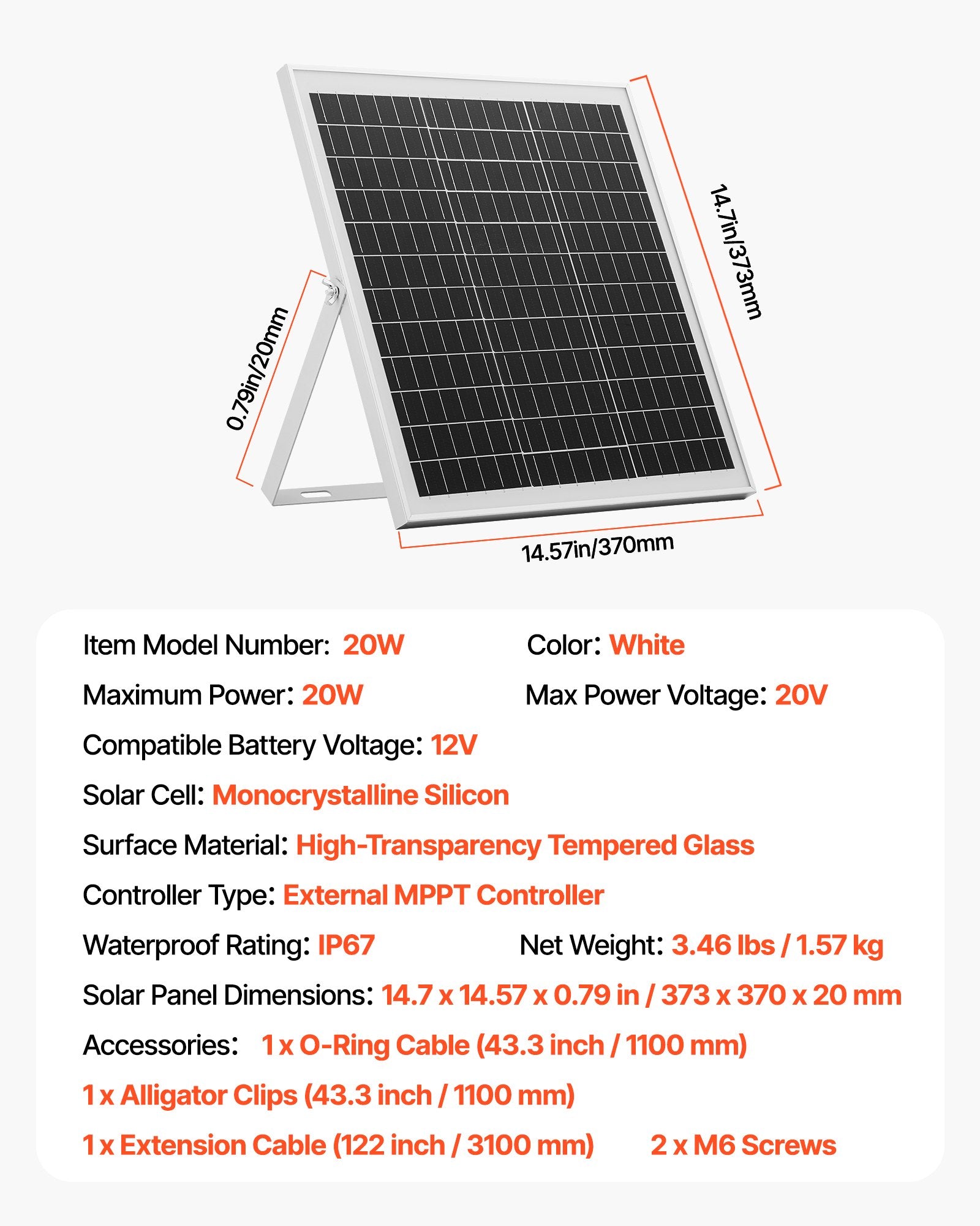 Saulės baterijų įkroviklis VEVOR 20W, 12V