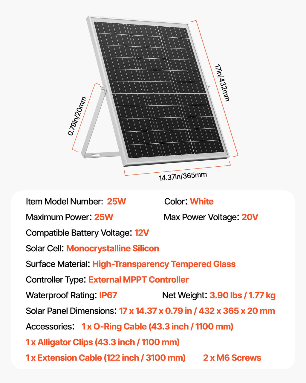 Saulės baterijų įkroviklis VEVOR 25W, 12V su MPPT valdikliu
