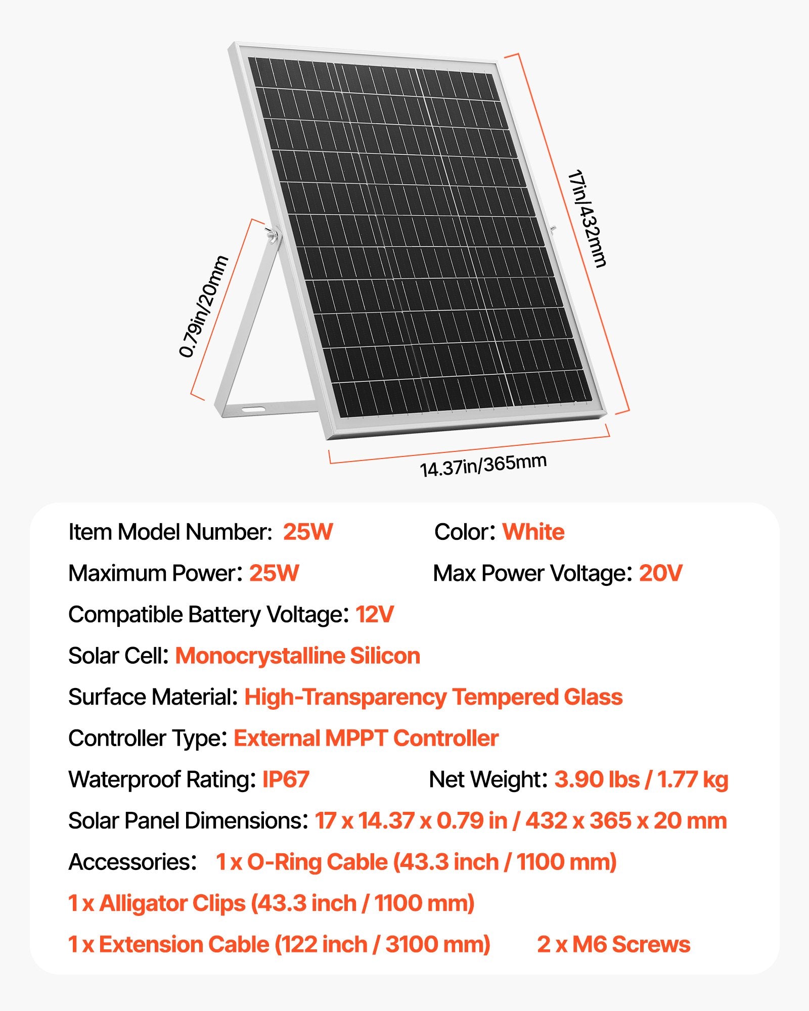 Saulės baterijų įkroviklis VEVOR 25W, 12V su MPPT valdikliu