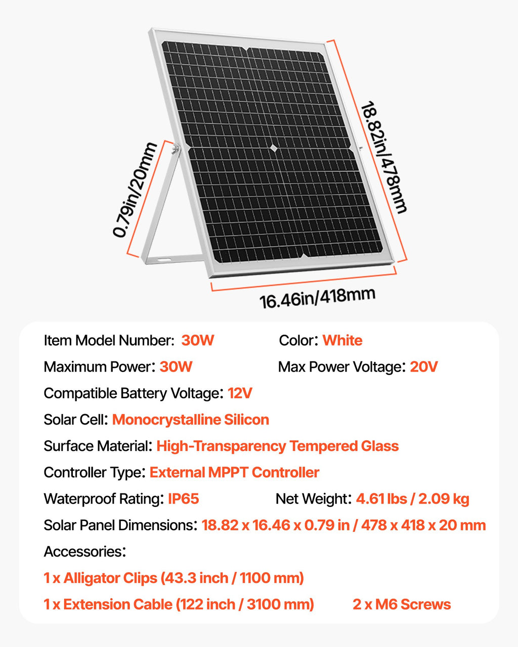 Saulės baterijų įkroviklis VEVOR 30W, 12V