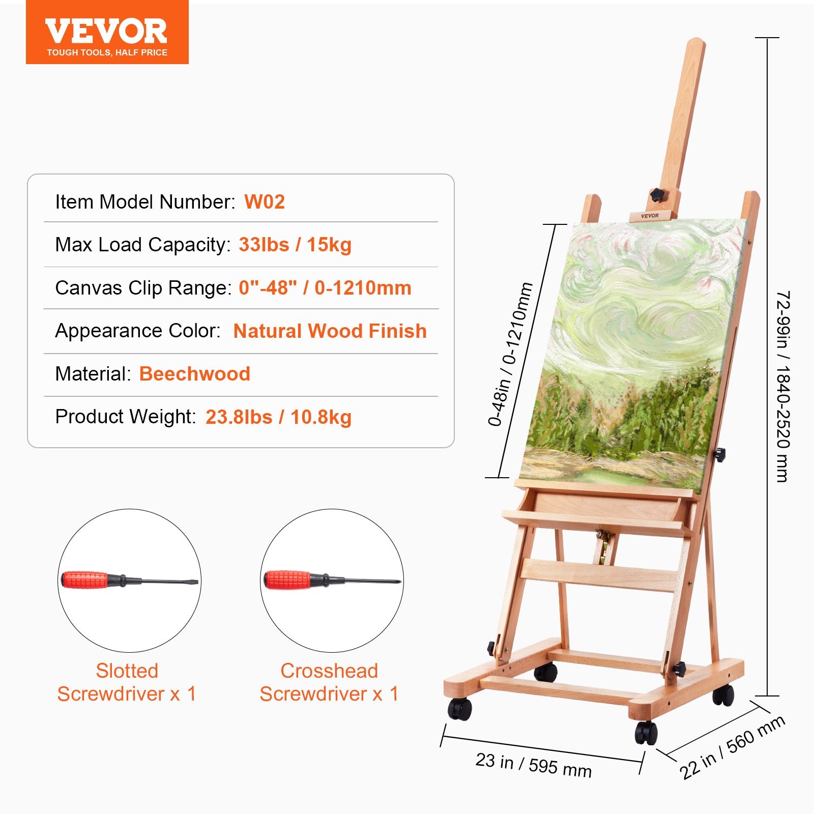 Molbertas VEVOR W02, talpinantis iki 121 cm drobę