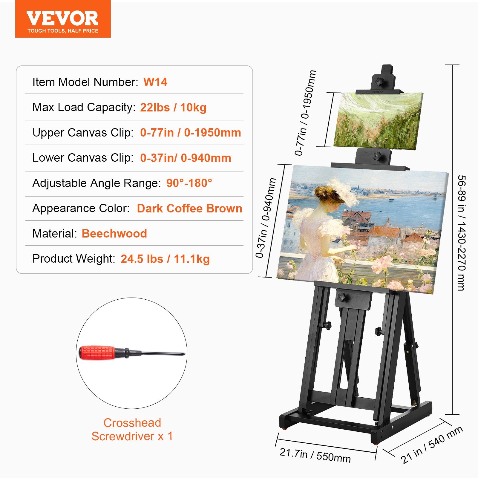 Studijinis molbertas VEVOR W14, iki 195 cm drobėms