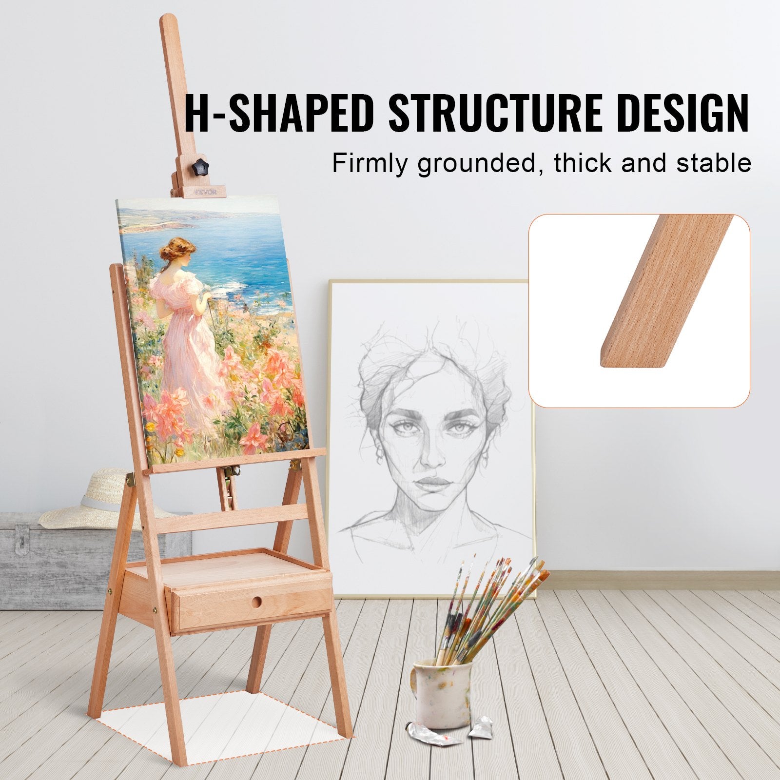 H formos studijinis molbertas VEVOR HJ-2A, drobėms iki 92 cm