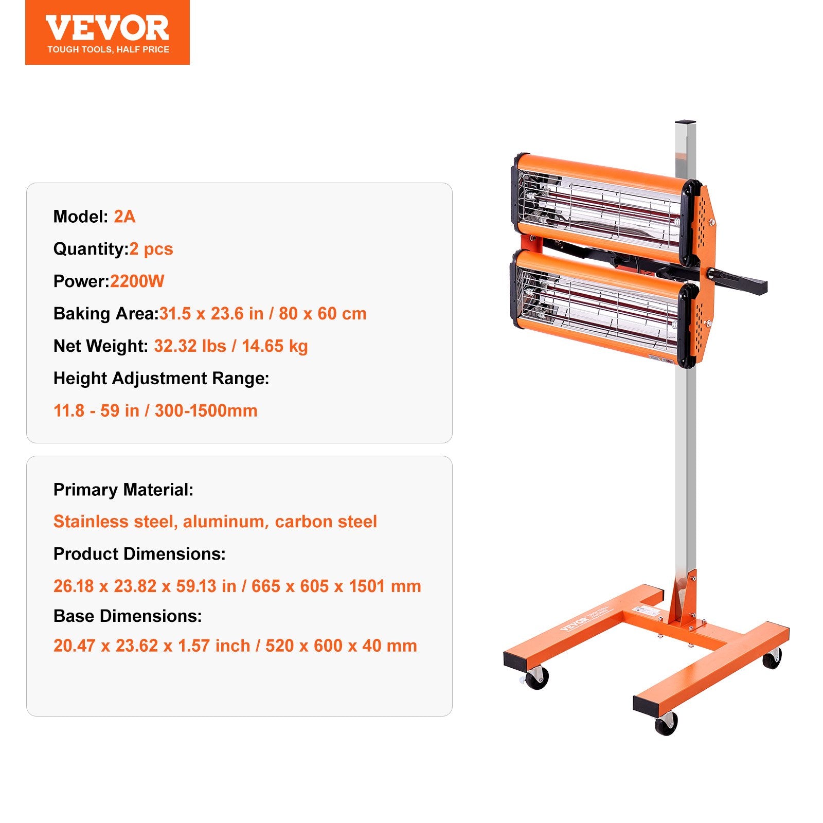 Infraraudonųjų spindulių džiovinimo lempa VEVOR 2A, 2200 W