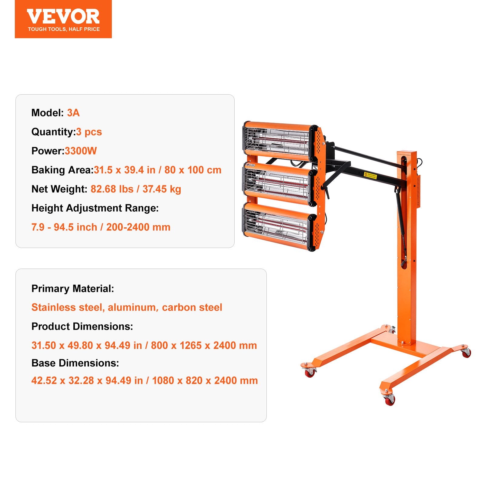 Infraraudonųjų spindulių džiovinimo lempa VEVOR 3A, 3300W