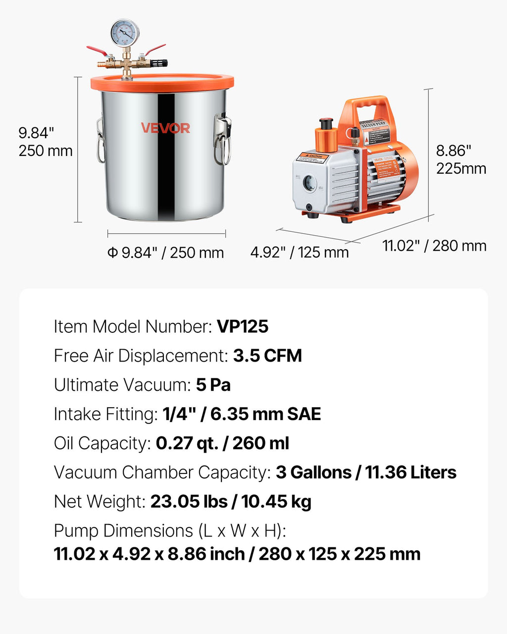 Vakuuminė kamera su siurbliu VEVOR VP125, 11,36 l